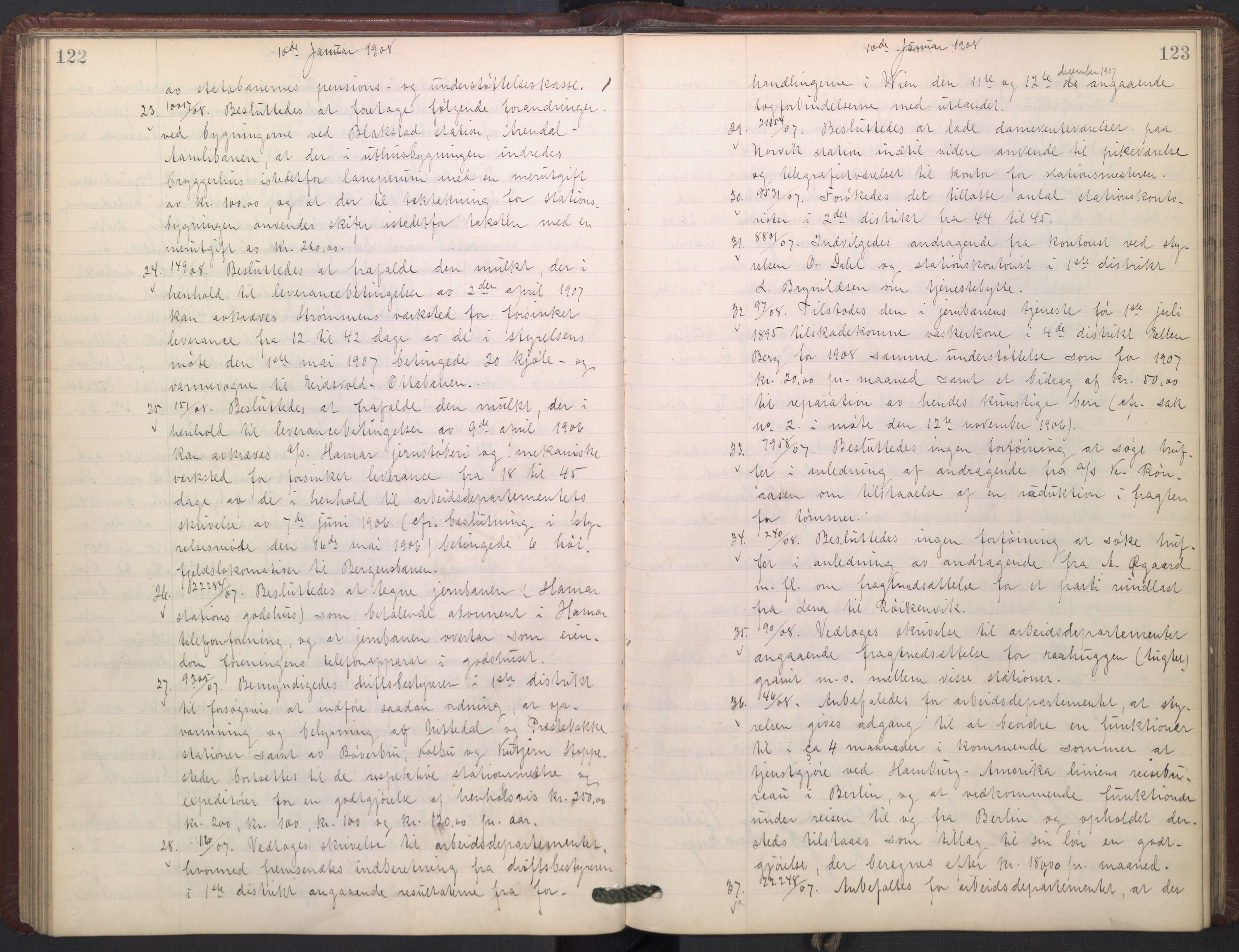 Norges statsbaner, Administrasjons- økonomi- og personalavdelingen, AV/RA-S-3412/A/Aa/L0009: Forhandlingsprotokoll, 1907-1909, p. 122-123