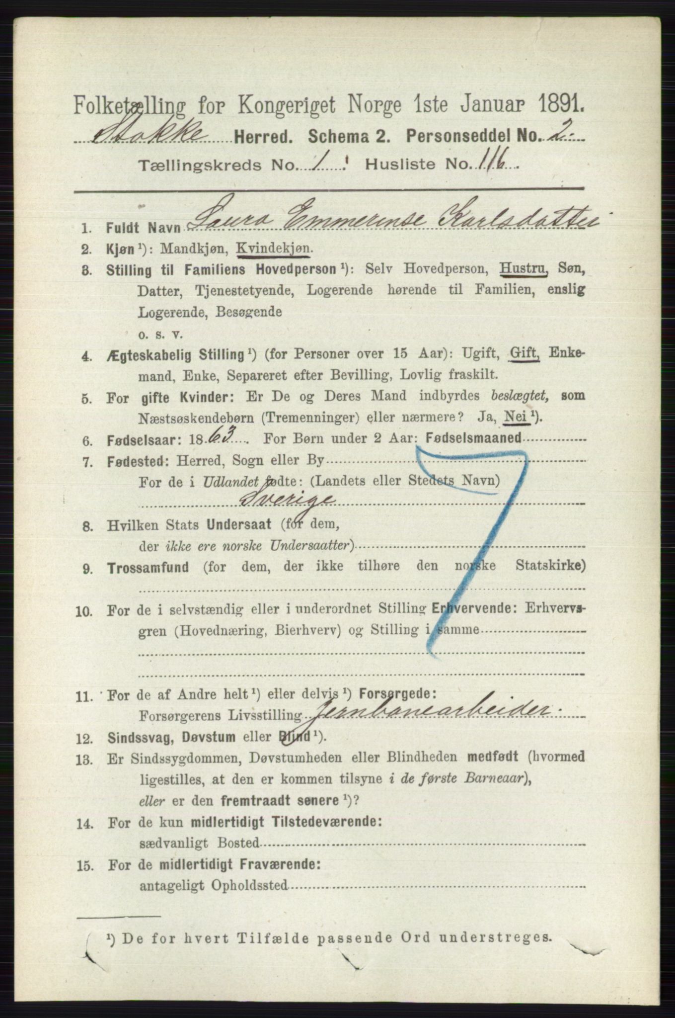 RA, 1891 census for 0720 Stokke, 1891, p. 850