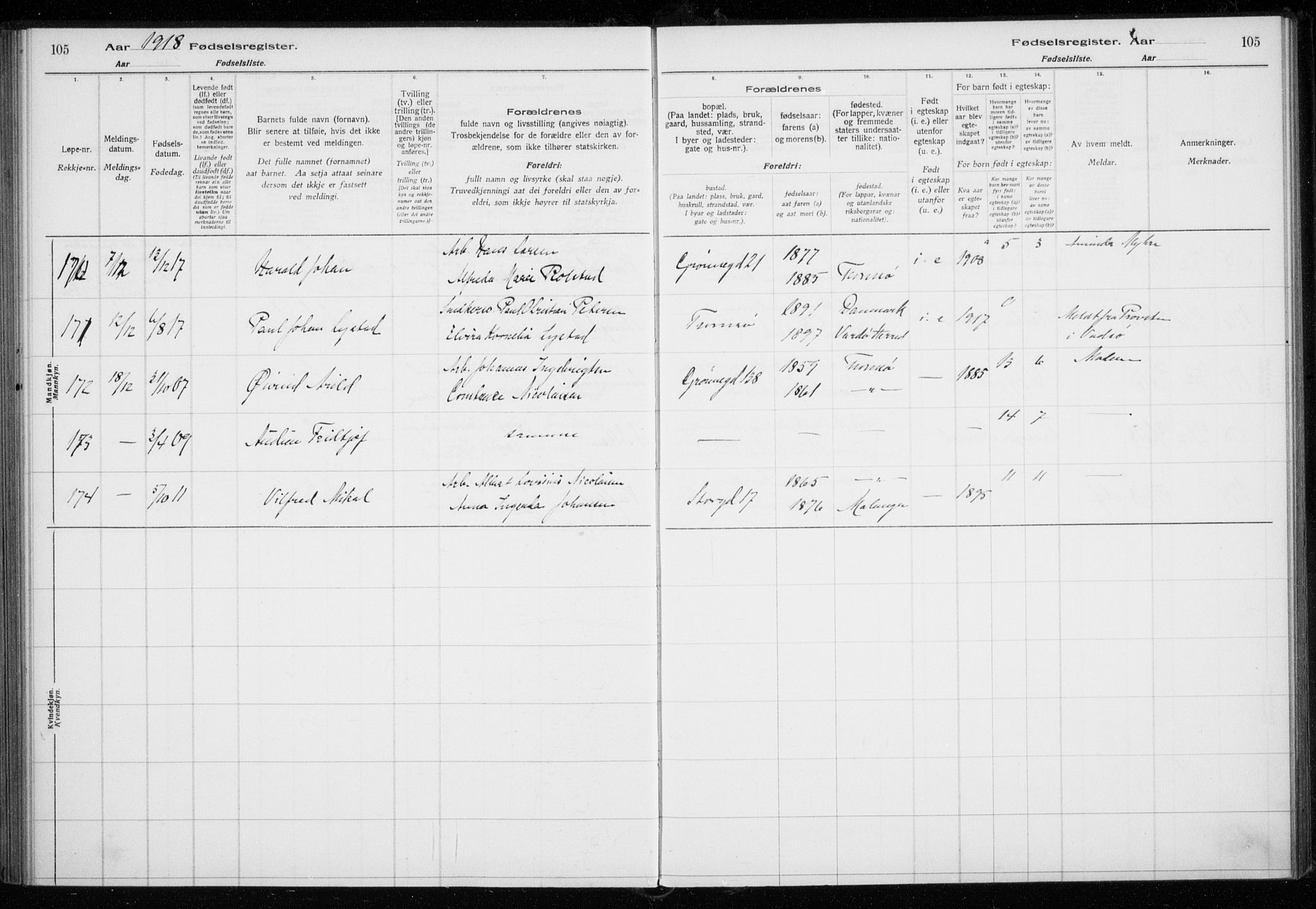 Tromsø sokneprestkontor/stiftsprosti/domprosti, AV/SATØ-S-1343/H/Ha/L0131: Birth register no. 131, 1916-1921, p. 105