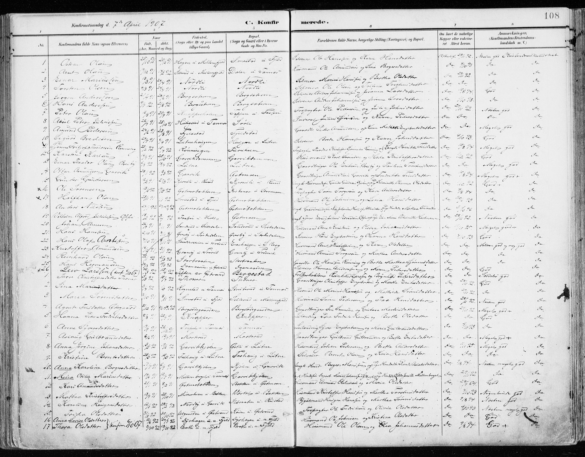 Nord-Odal prestekontor, AV/SAH-PREST-032/H/Ha/Haa/L0009: Parish register (official) no. 9, 1902-1926, p. 108