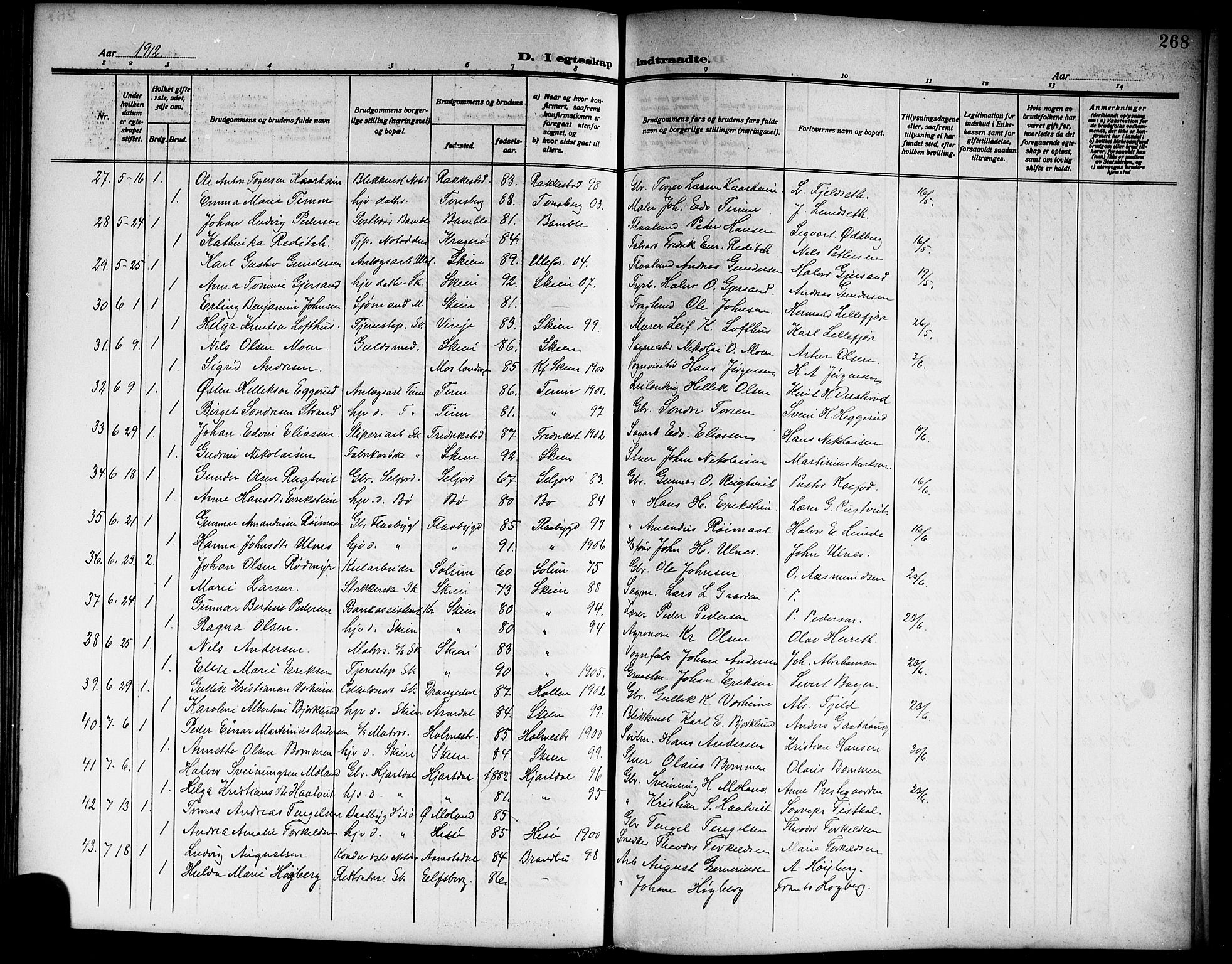 Skien kirkebøker, AV/SAKO-A-302/G/Ga/L0009: Parish register (copy) no. 9, 1910-1920, p. 268