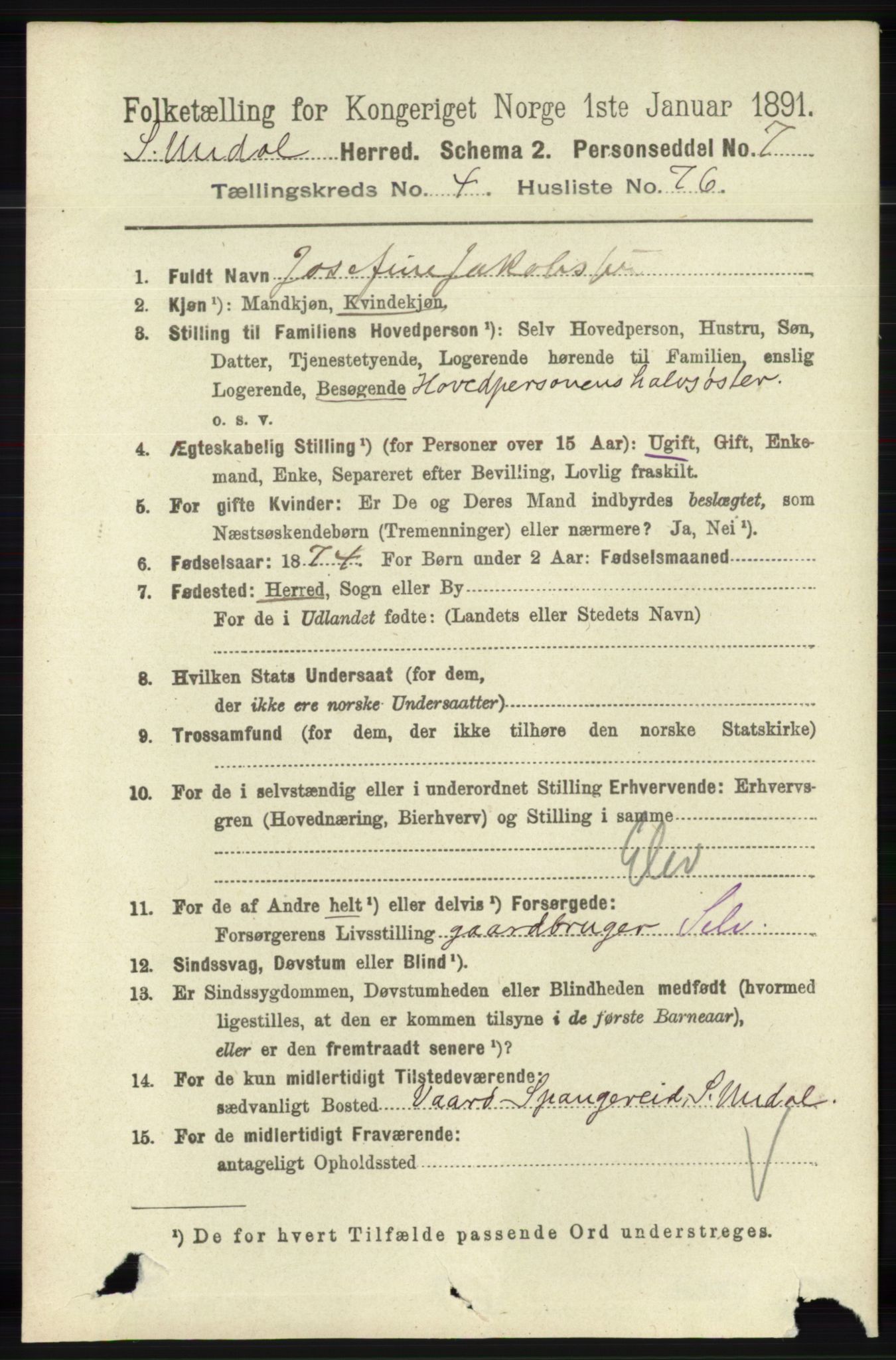 RA, 1891 census for 1029 Sør-Audnedal, 1891, p. 1826