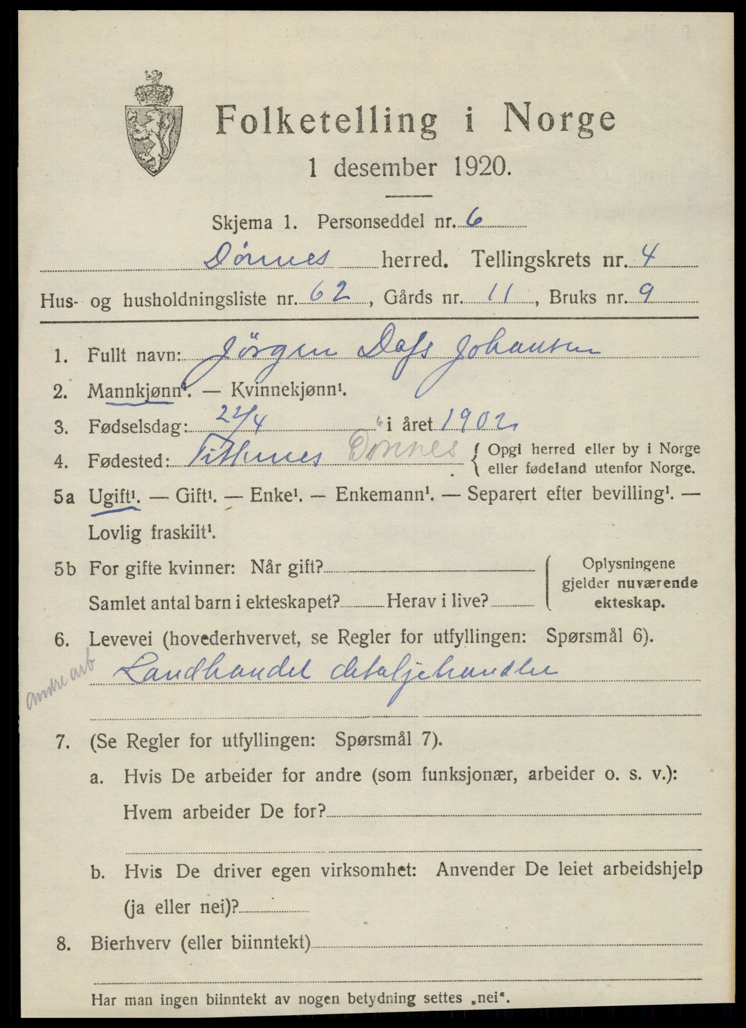 SAT, 1920 census for Dønnes, 1920, p. 2872