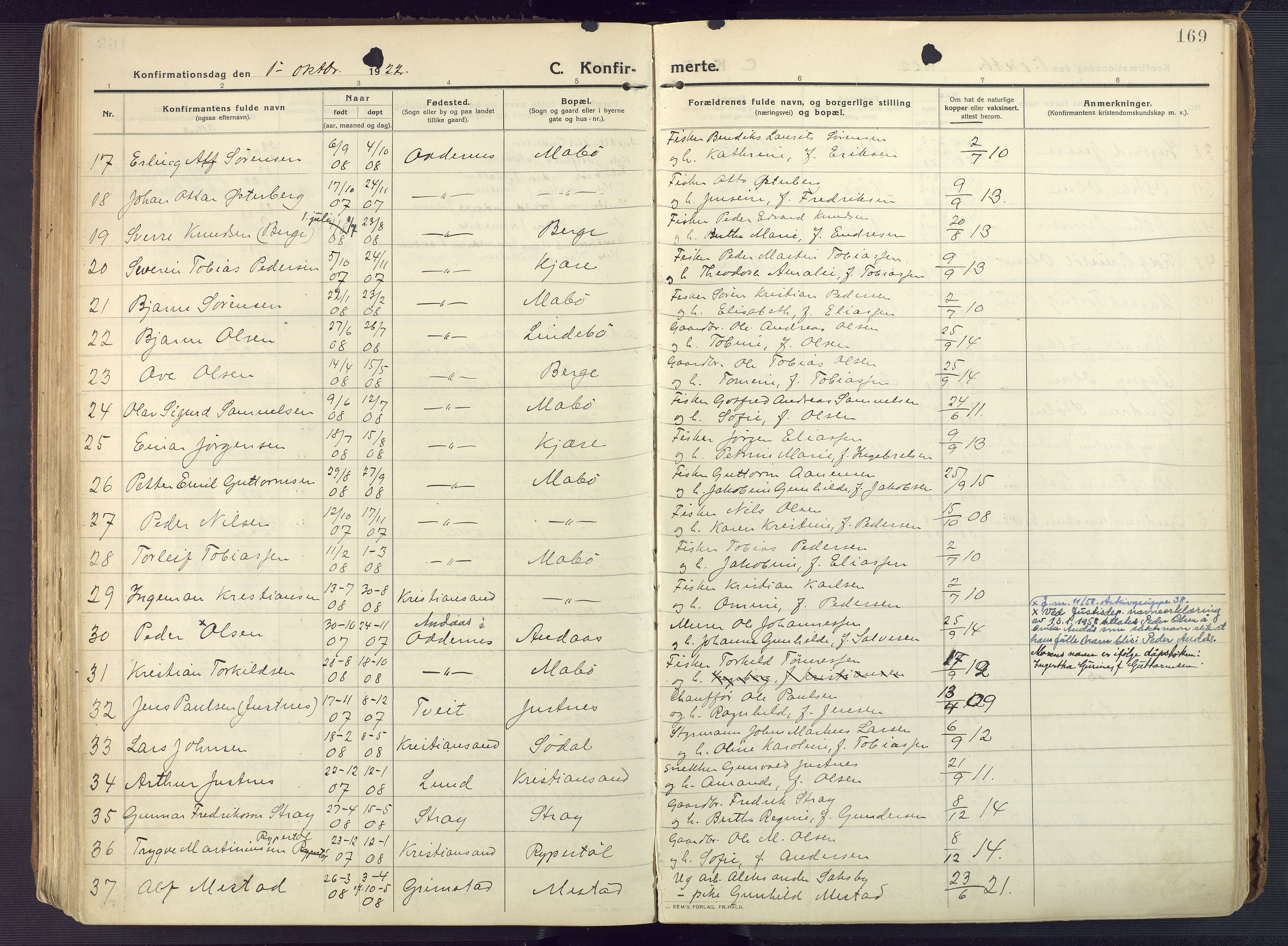 Oddernes sokneprestkontor, AV/SAK-1111-0033/F/Fa/Faa/L0012: Parish register (official) no. A 12, 1912-1925, p. 169