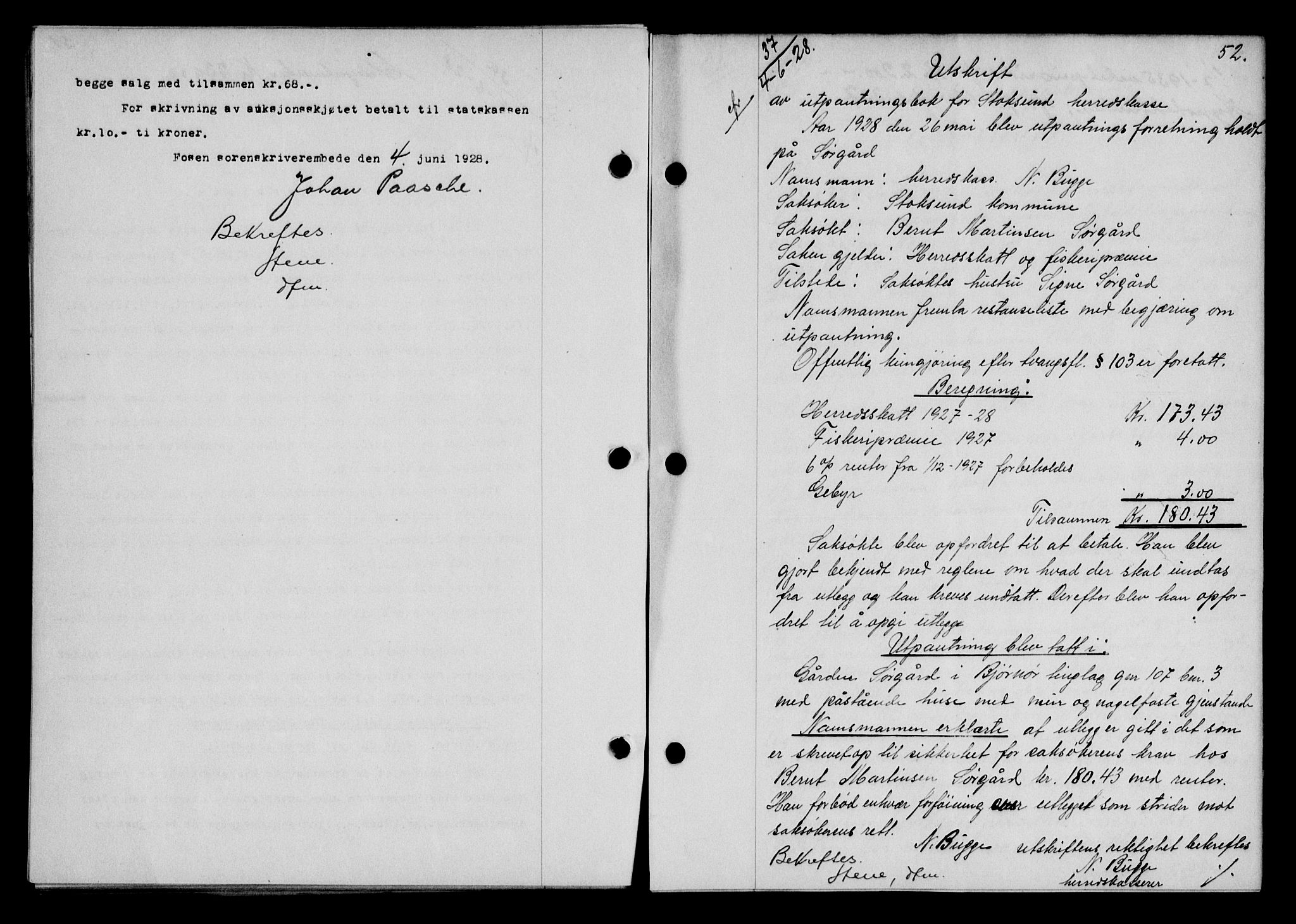 Fosen sorenskriveri, SAT/A-1107/1/2/2C/L0067: Mortgage book no. 58, 1928-1929, p. 52, Deed date: 04.06.1928