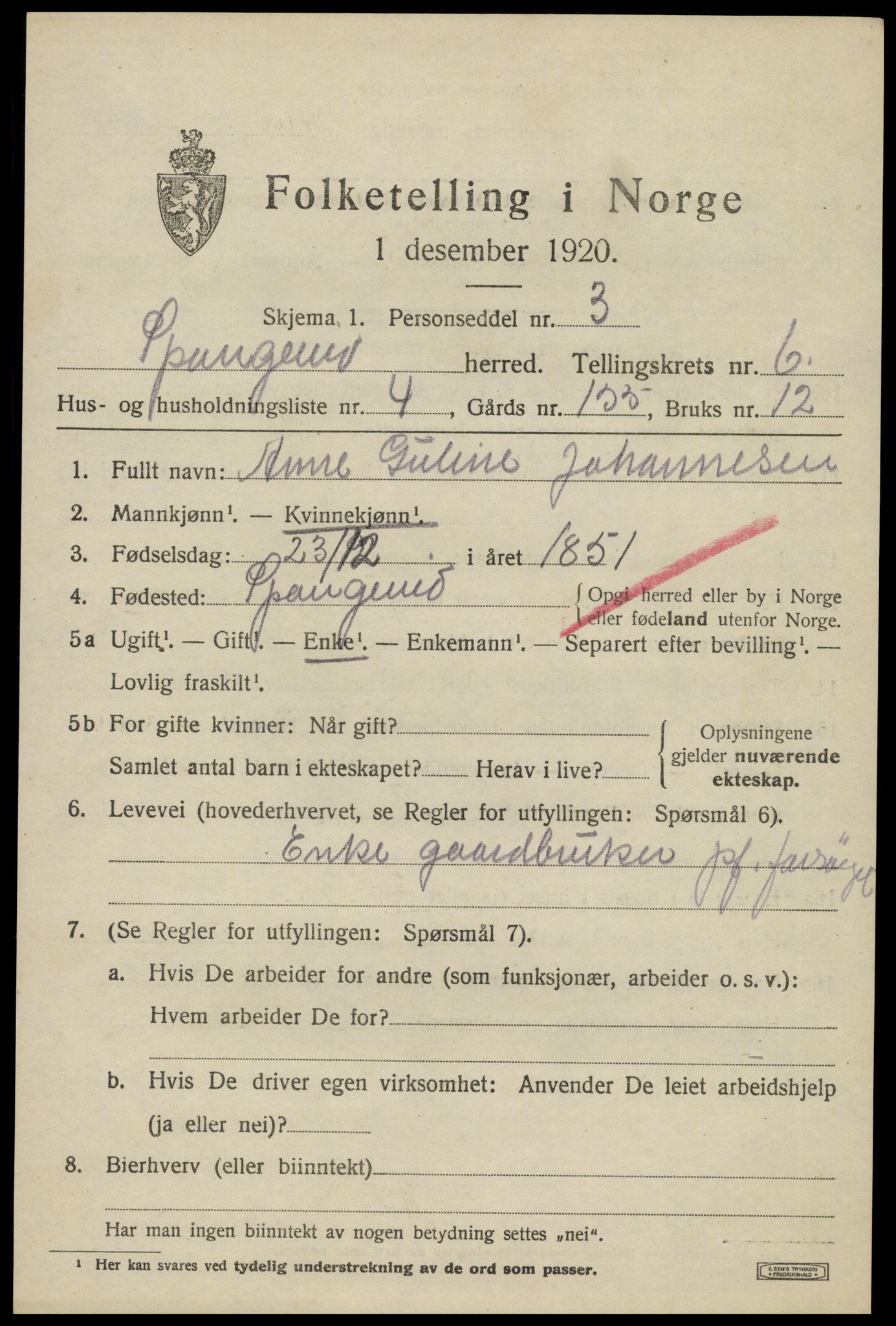 SAK, 1920 census for Spangereid, 1920, p. 2235