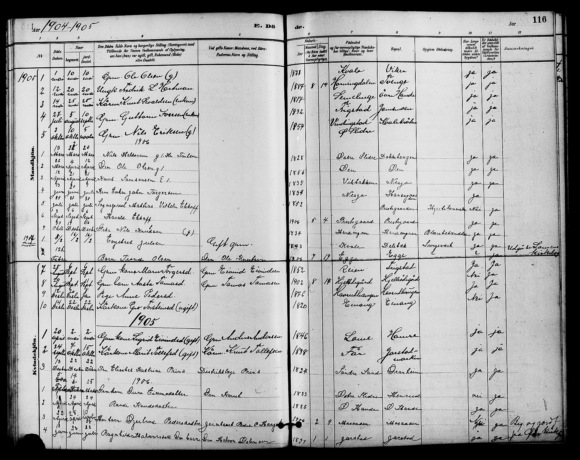 Vestre Slidre prestekontor, SAH/PREST-136/H/Ha/Hab/L0004: Parish register (copy) no. 4, 1881-1912, p. 116
