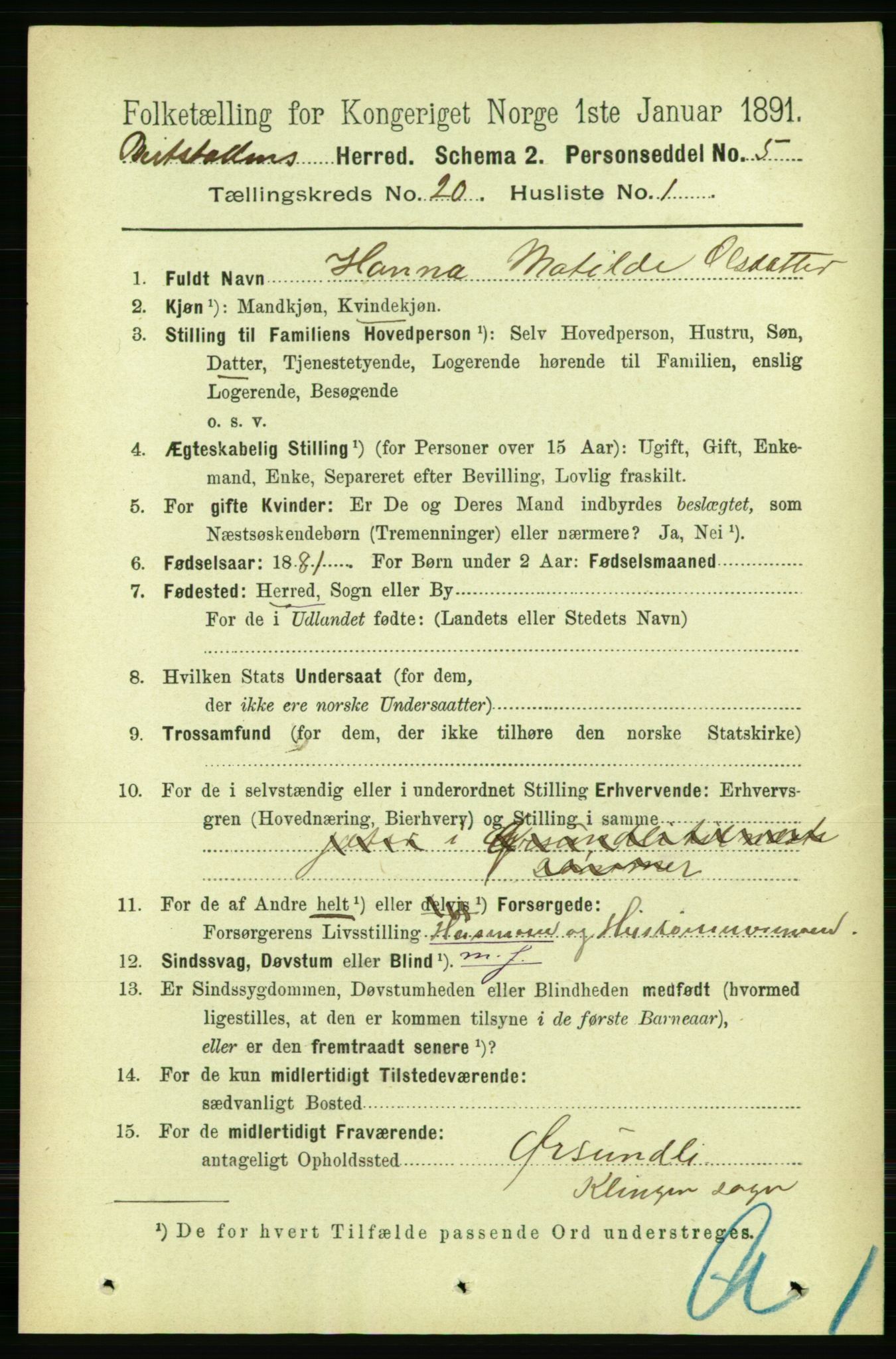 RA, 1891 census for 1727 Beitstad, 1891, p. 5114