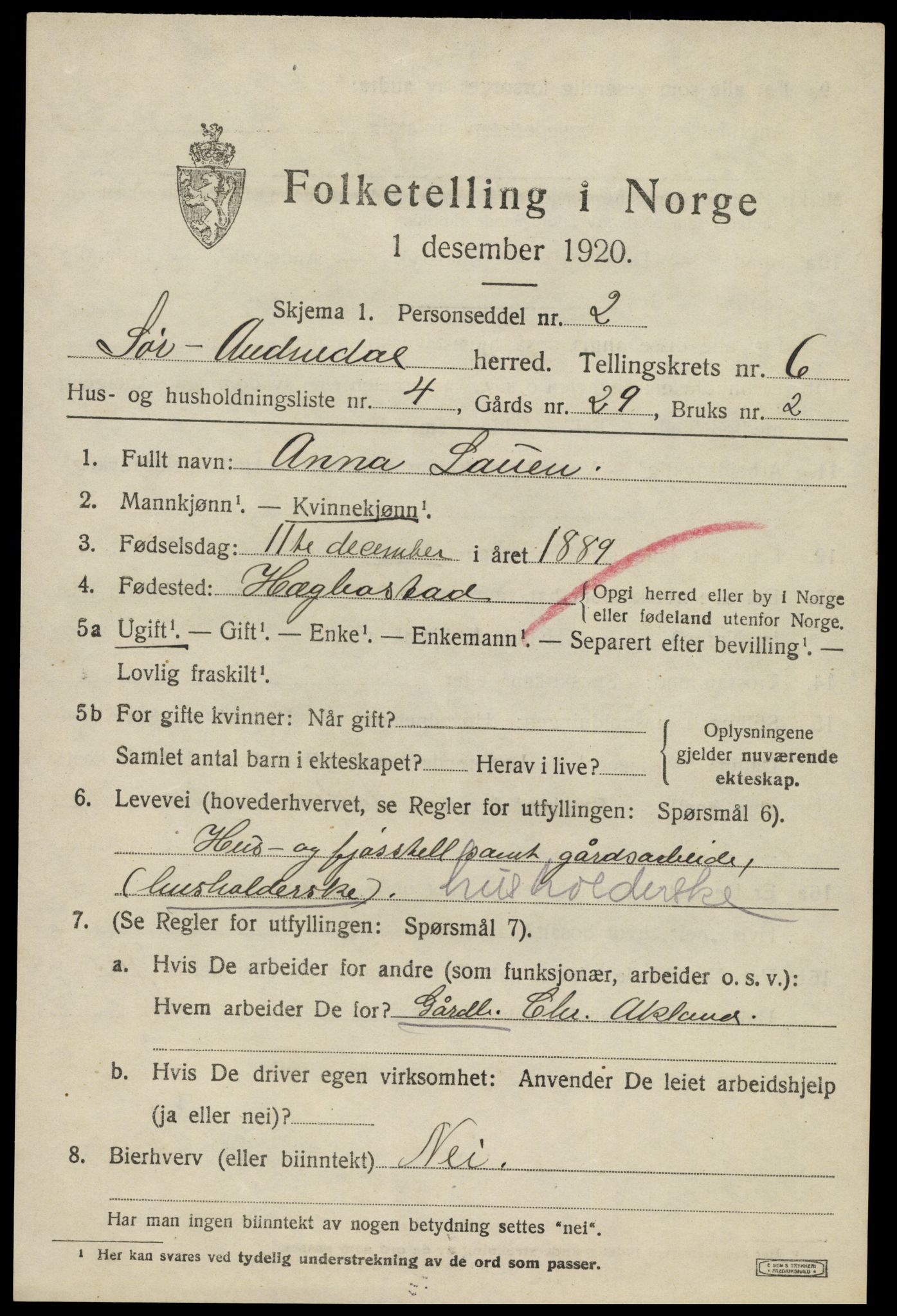 SAK, 1920 census for Sør-Audnedal, 1920, p. 2729