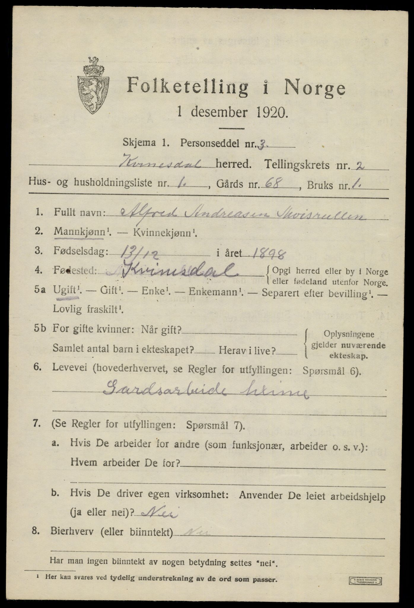 SAK, 1920 census for Kvinesdal, 1920, p. 1943