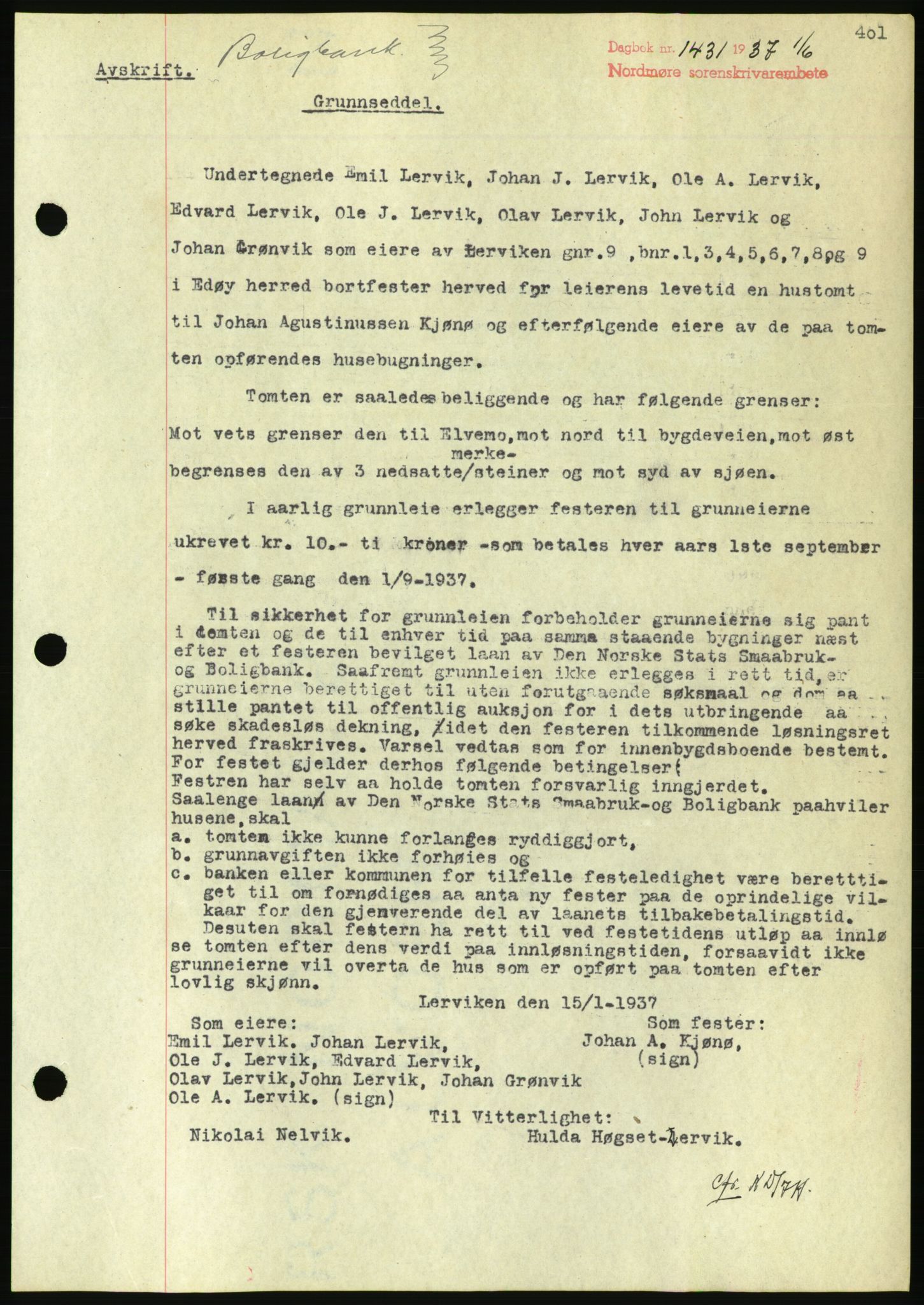 Nordmøre sorenskriveri, AV/SAT-A-4132/1/2/2Ca/L0091: Mortgage book no. B81, 1937-1937, Diary no: : 1431/1937