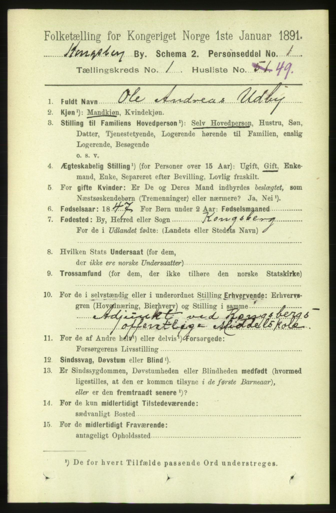RA, 1891 census for 0604 Kongsberg, 1891, p. 1946