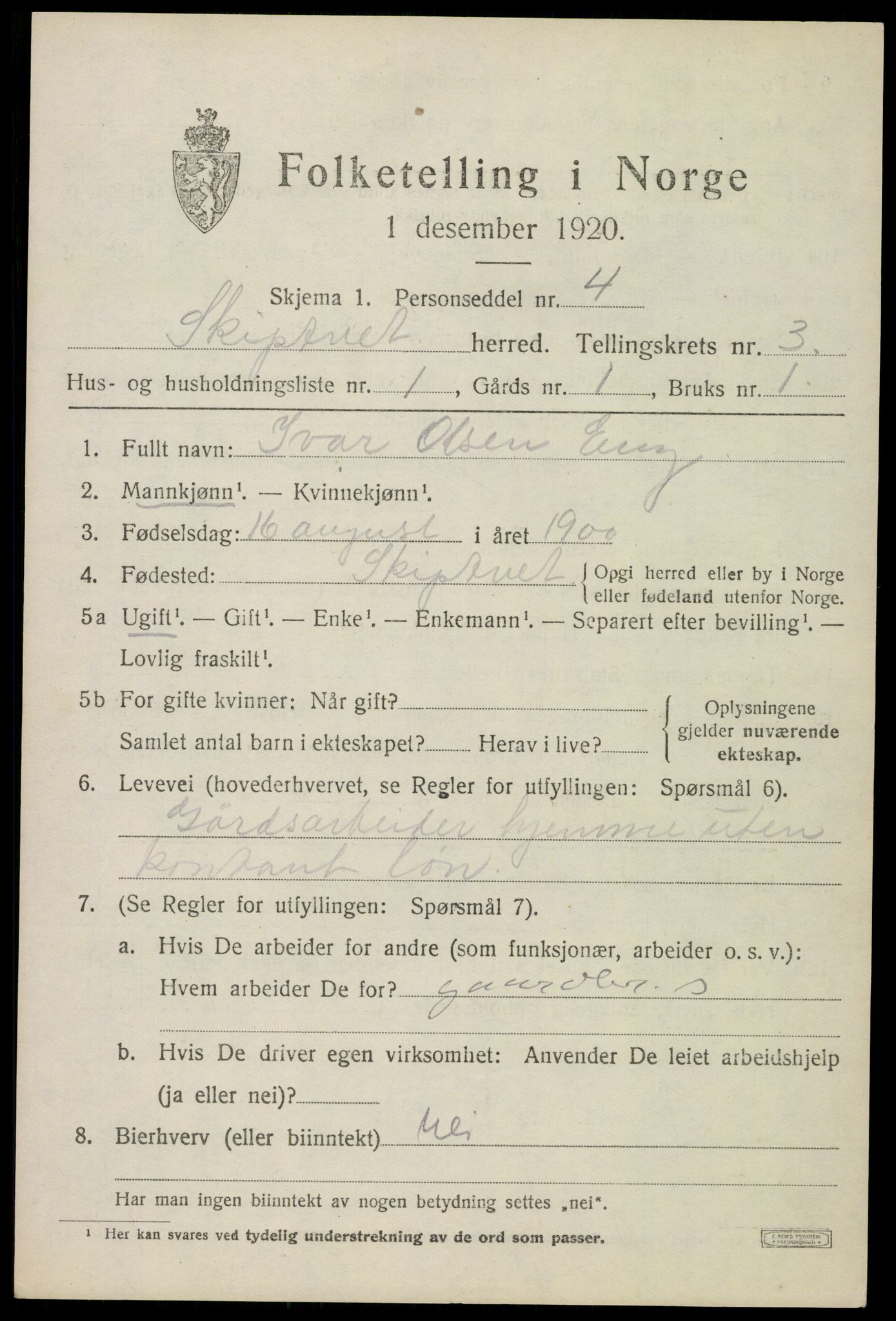 SAO, 1920 census for Skiptvet, 1920, p. 2915