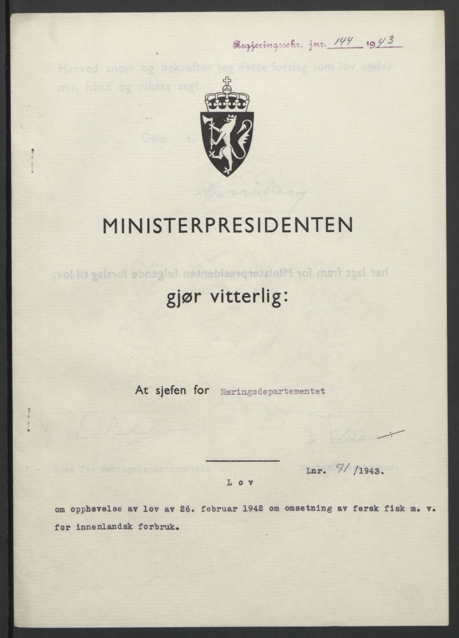 NS-administrasjonen 1940-1945 (Statsrådsekretariatet, de kommisariske statsråder mm), RA/S-4279/D/Db/L0099: Lover, 1943, p. 324