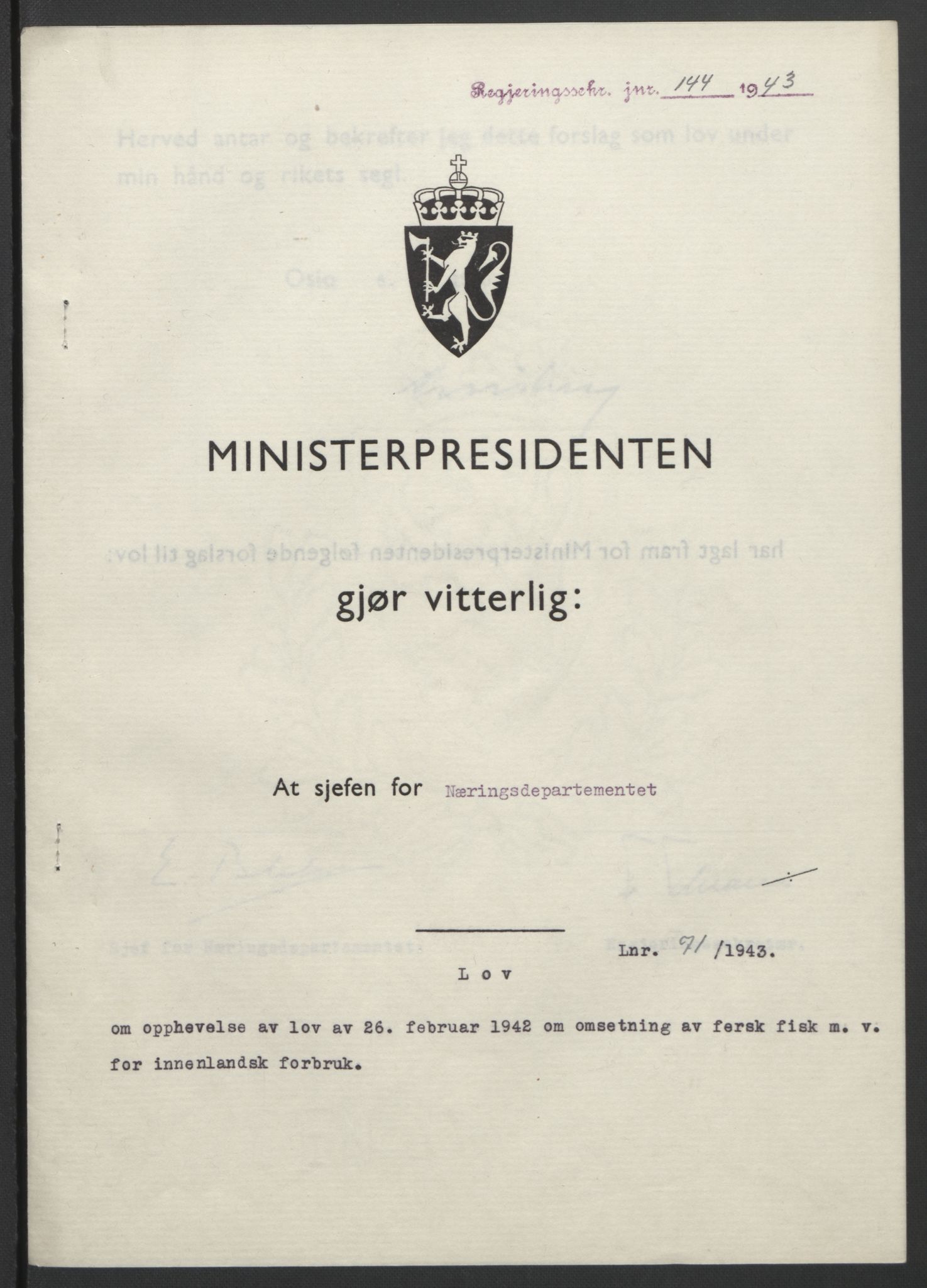 NS-administrasjonen 1940-1945 (Statsrådsekretariatet, de kommisariske statsråder mm), AV/RA-S-4279/D/Db/L0099: Lover, 1943, p. 324