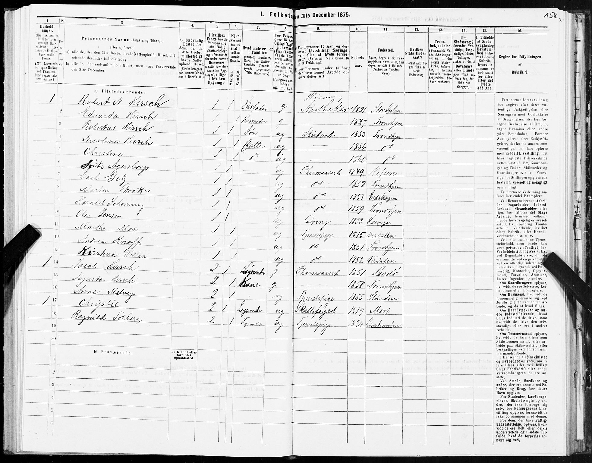 SAT, 1875 census for 1601 Trondheim, 1875, p. 3158