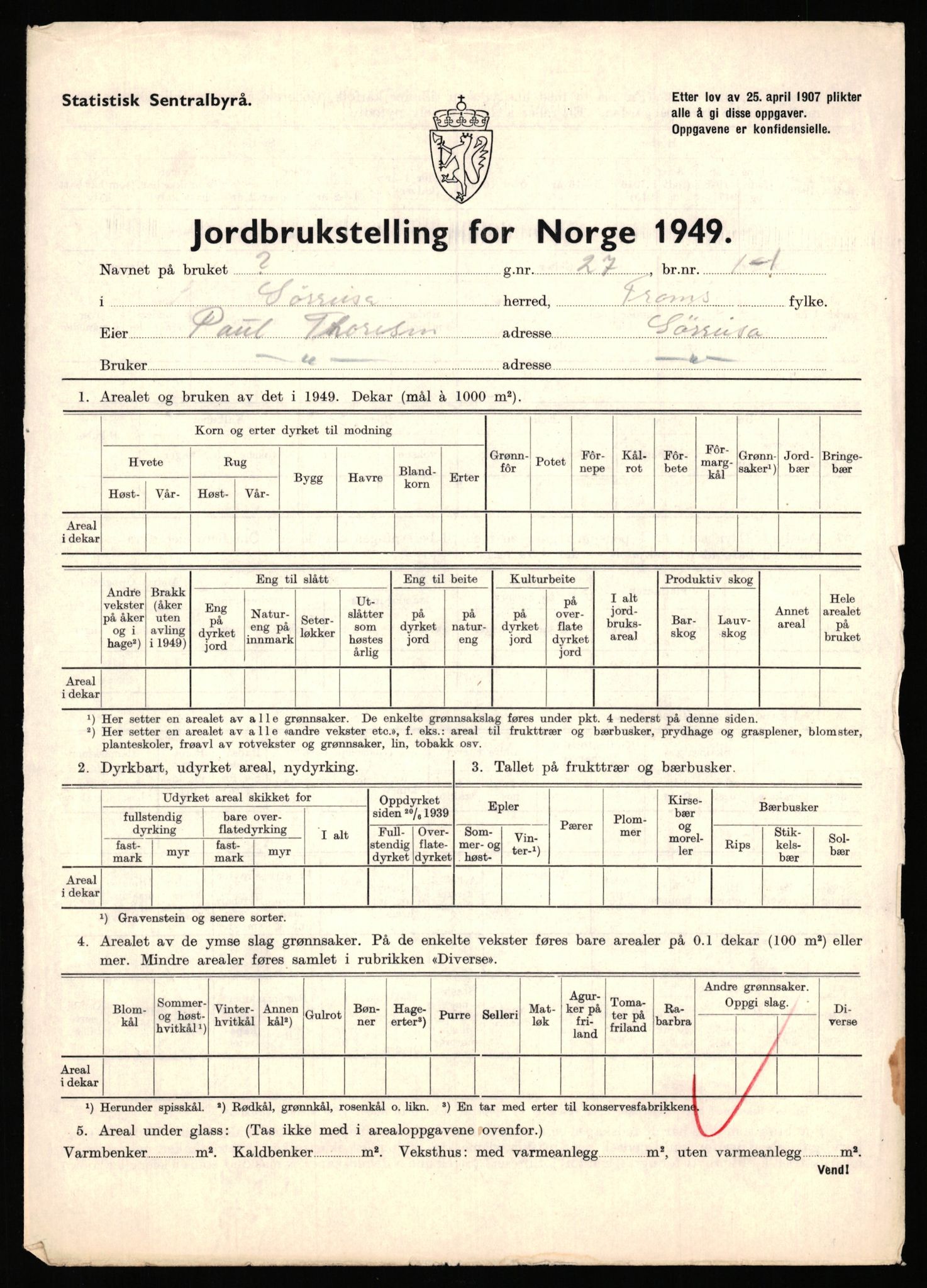 Statistisk sentralbyrå, Næringsøkonomiske emner, Jordbruk, skogbruk, jakt, fiske og fangst, AV/RA-S-2234/G/Gc/L0440: Troms: Sørreisa og Dyrøy, 1949, p. 3