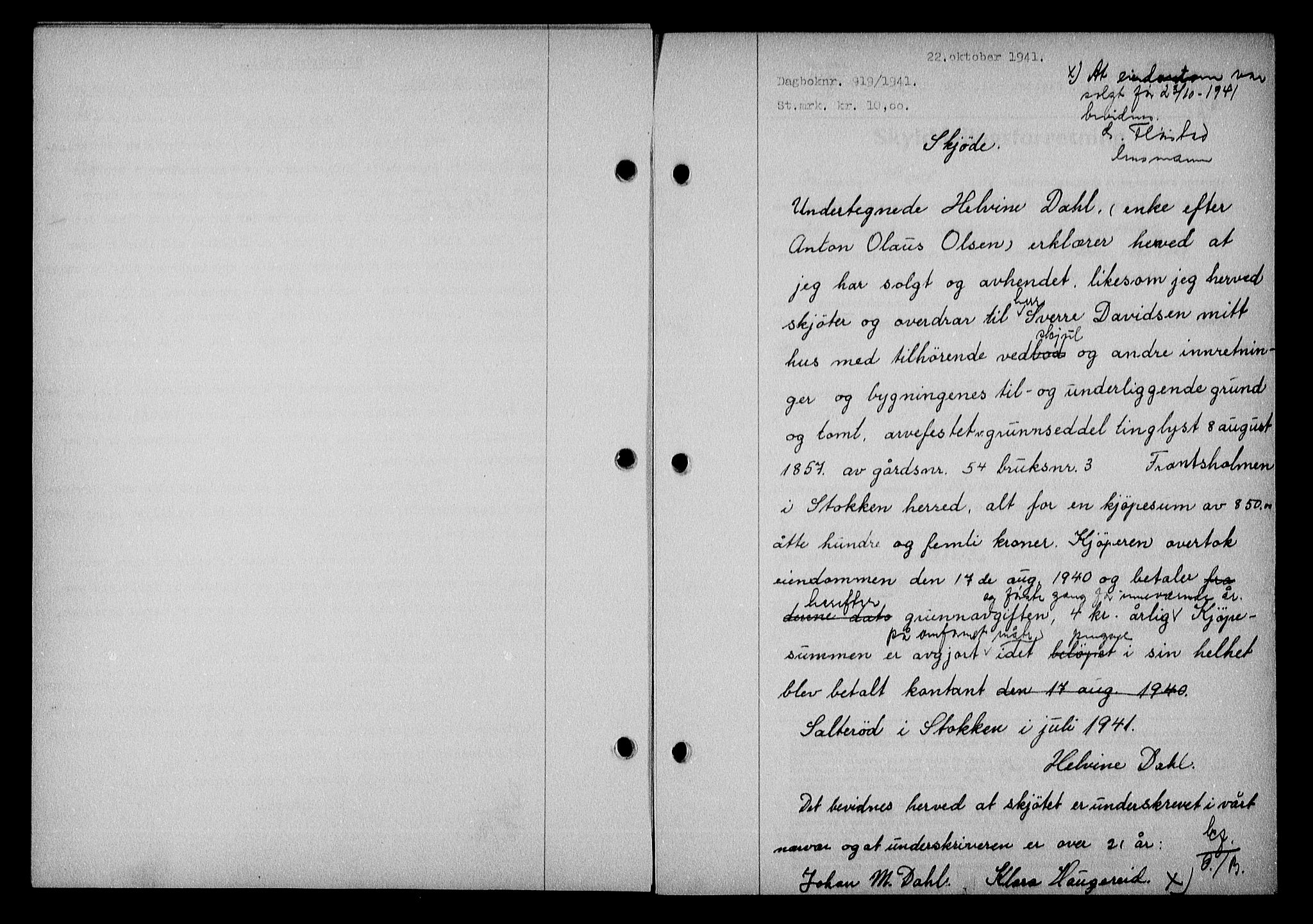 Nedenes sorenskriveri, SAK/1221-0006/G/Gb/Gba/L0048: Mortgage book no. A-II, 1940-1941, Diary no: : 919/1941