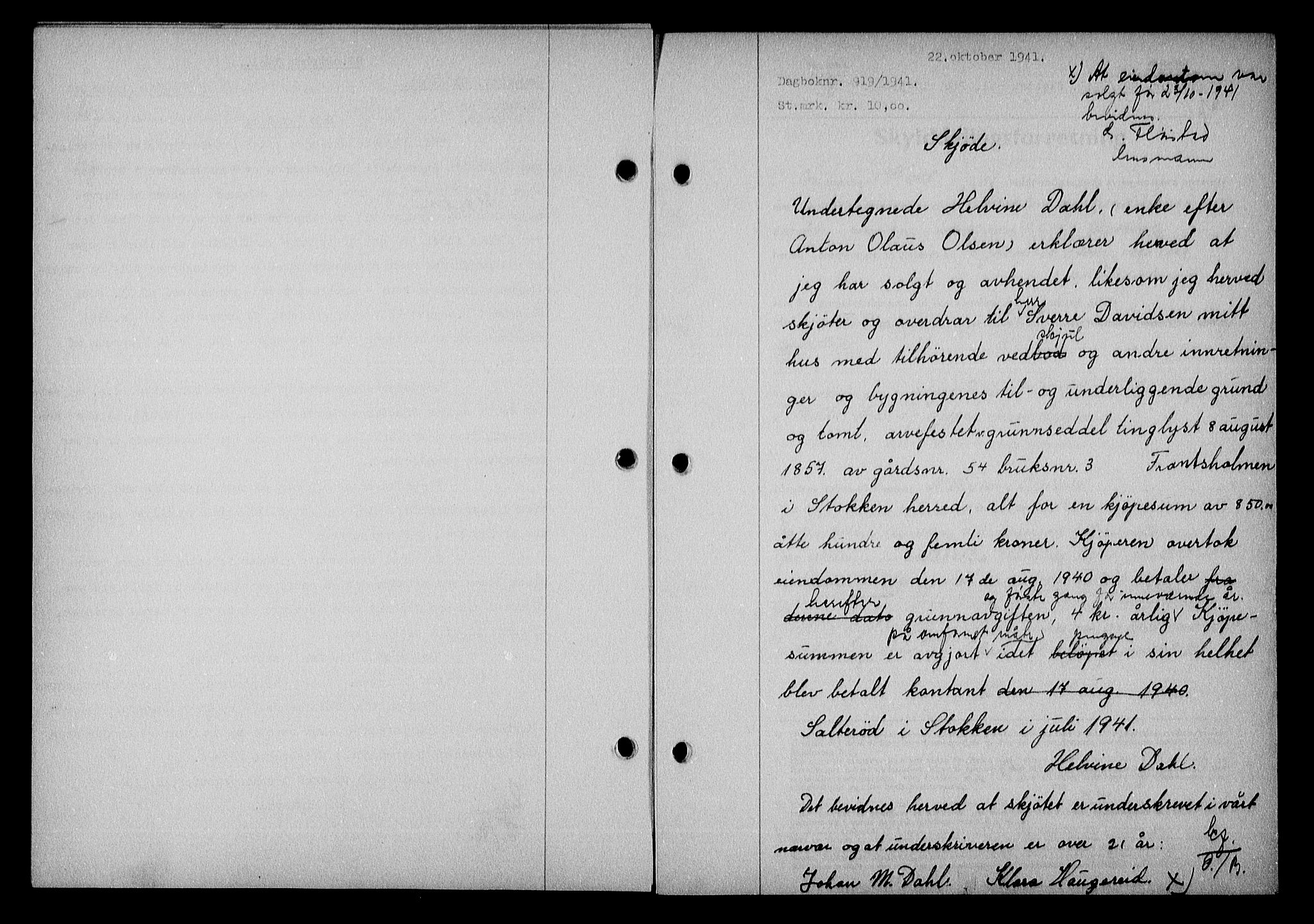 Nedenes sorenskriveri, AV/SAK-1221-0006/G/Gb/Gba/L0048: Mortgage book no. A-II, 1940-1941, Diary no: : 919/1941