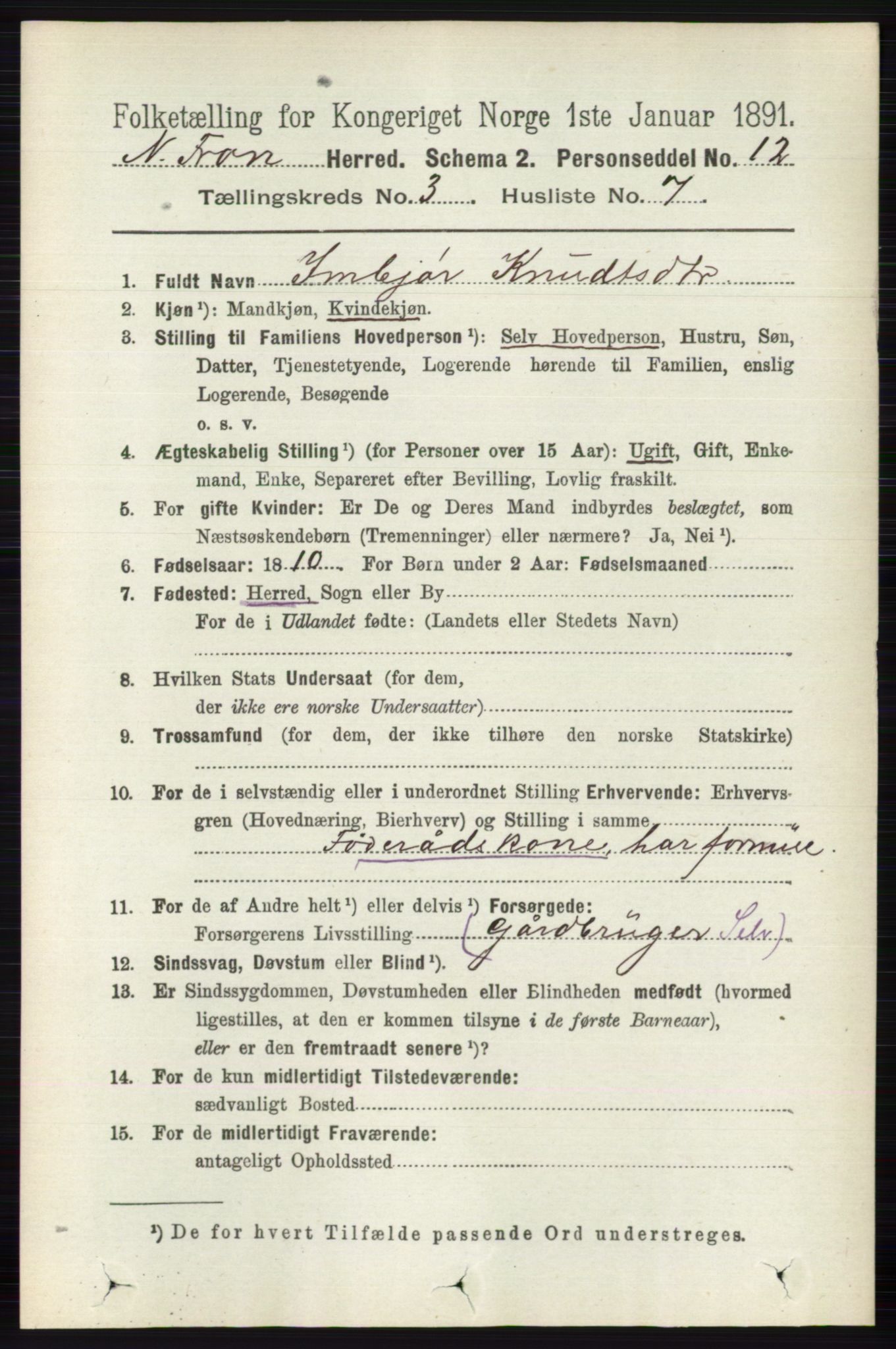 RA, 1891 census for 0518 Nord-Fron, 1891, p. 887