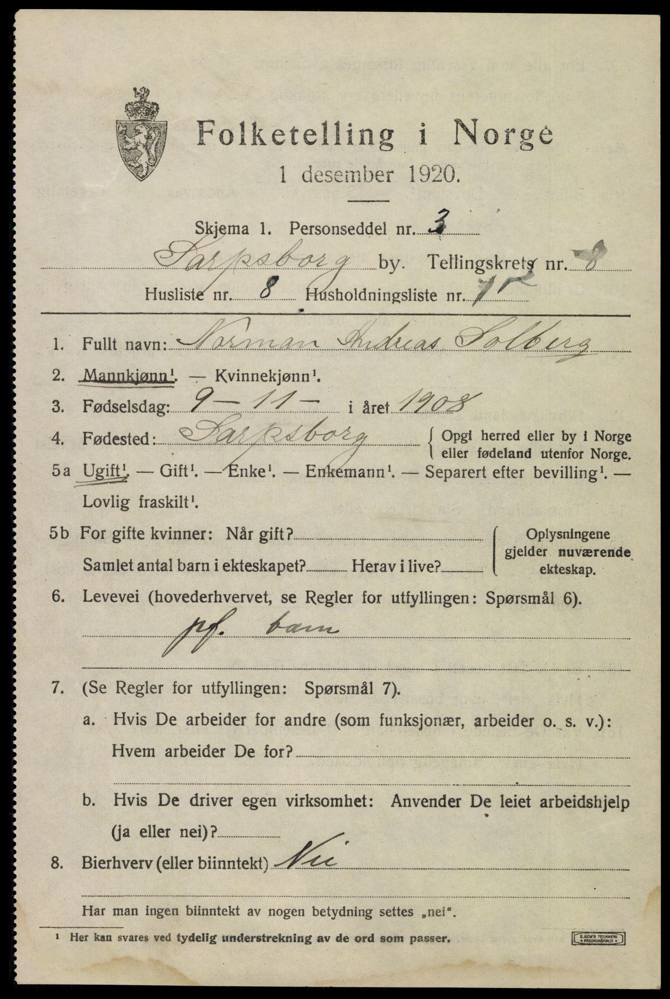 SAO, 1920 census for Sarpsborg, 1920, p. 17436