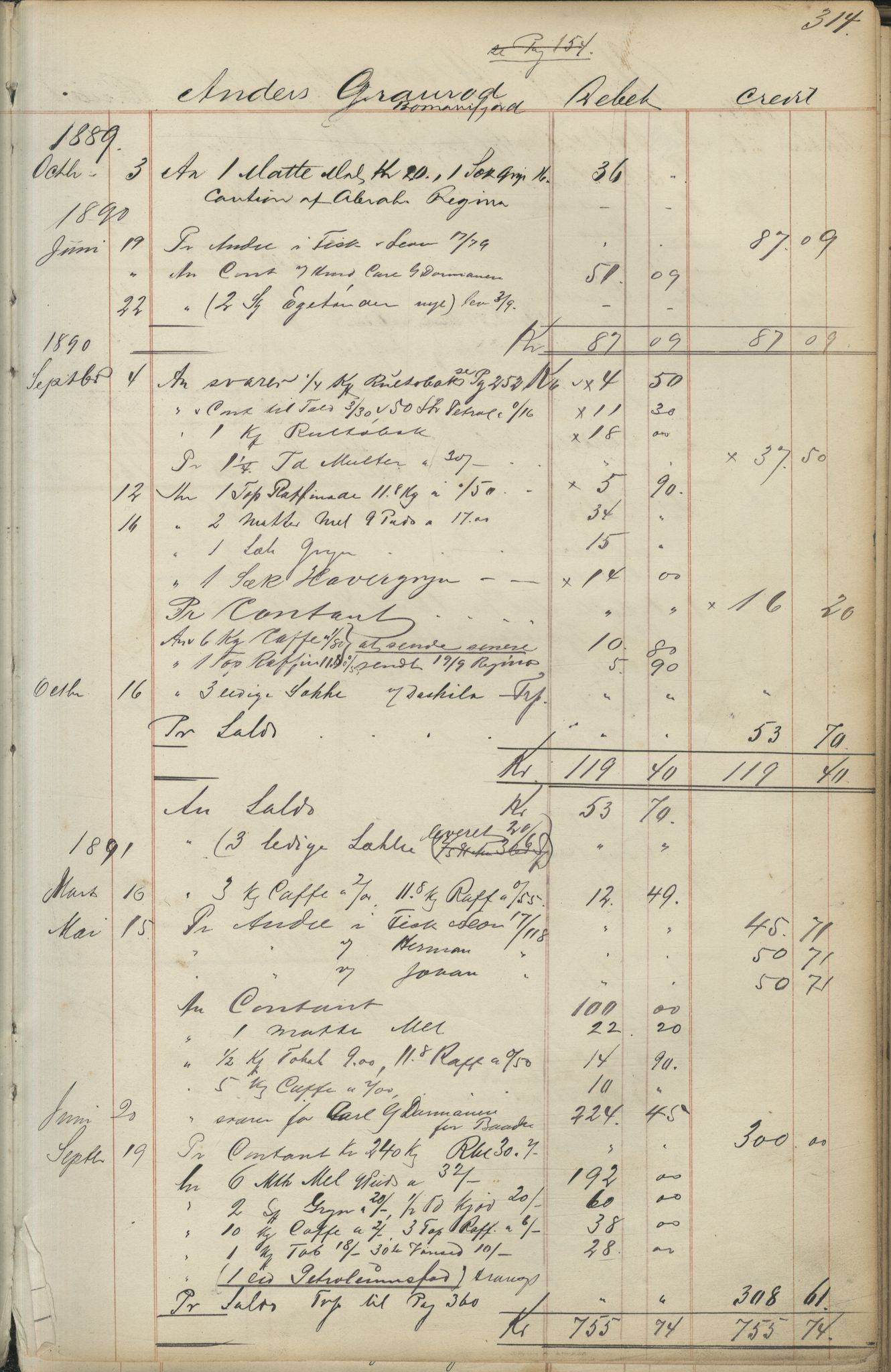 Brodtkorb handel A/S, VAMU/A-0001/F/Fc/L0001/0001: Konto for kvener og nordmenn på Kolahalvøya  / Conto for Kvæner og Nordmænd paa Russefinmarken No 1, 1868-1894, p. 314