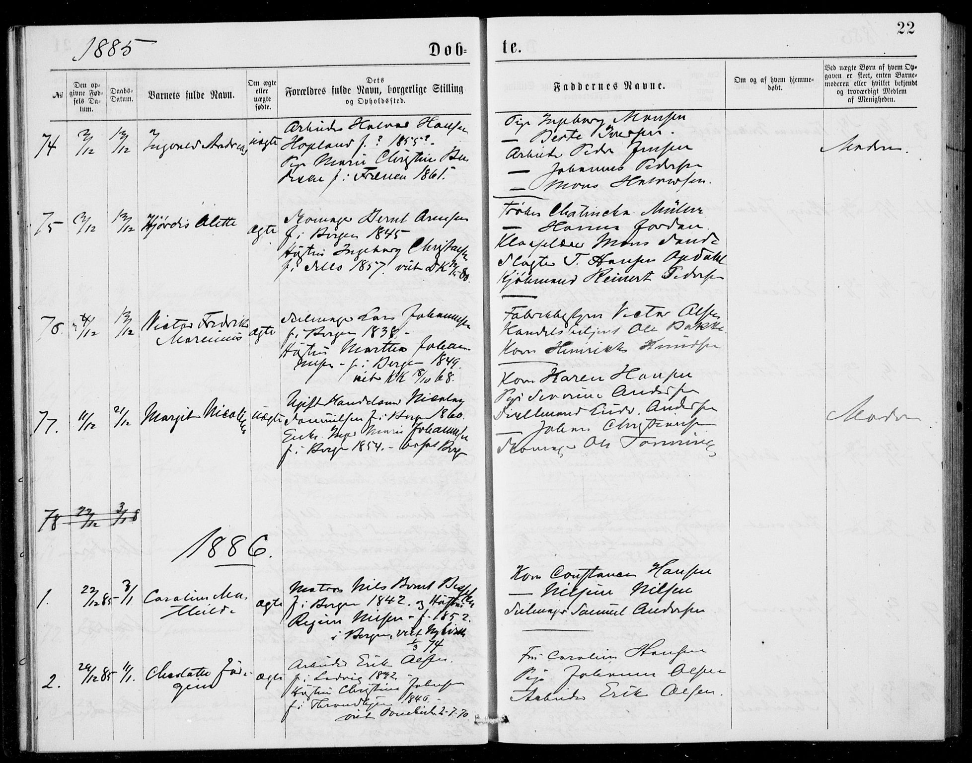 Fødselsstiftelsens sokneprestembete, ført av overlegen*, SAB/-: Parish register (official) no. A 2, 1884-1900, p. 22
