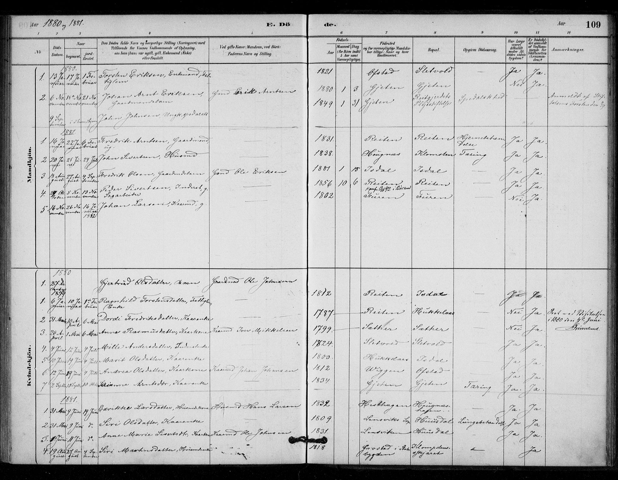 Ministerialprotokoller, klokkerbøker og fødselsregistre - Sør-Trøndelag, SAT/A-1456/670/L0836: Parish register (official) no. 670A01, 1879-1904, p. 109
