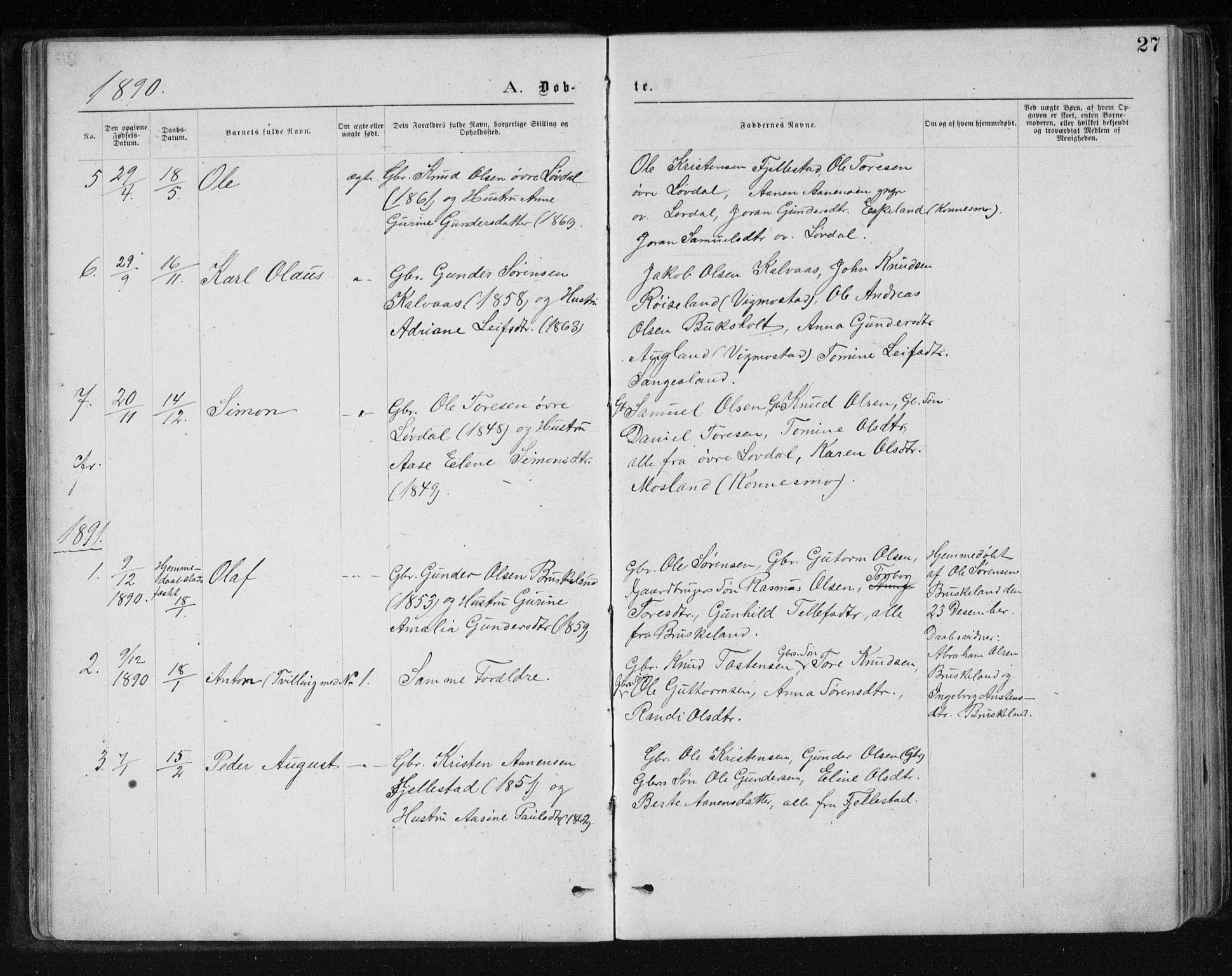 Holum sokneprestkontor, SAK/1111-0022/F/Fb/Fbb/L0003: Parish register (copy) no. B 3, 1875-1898, p. 27