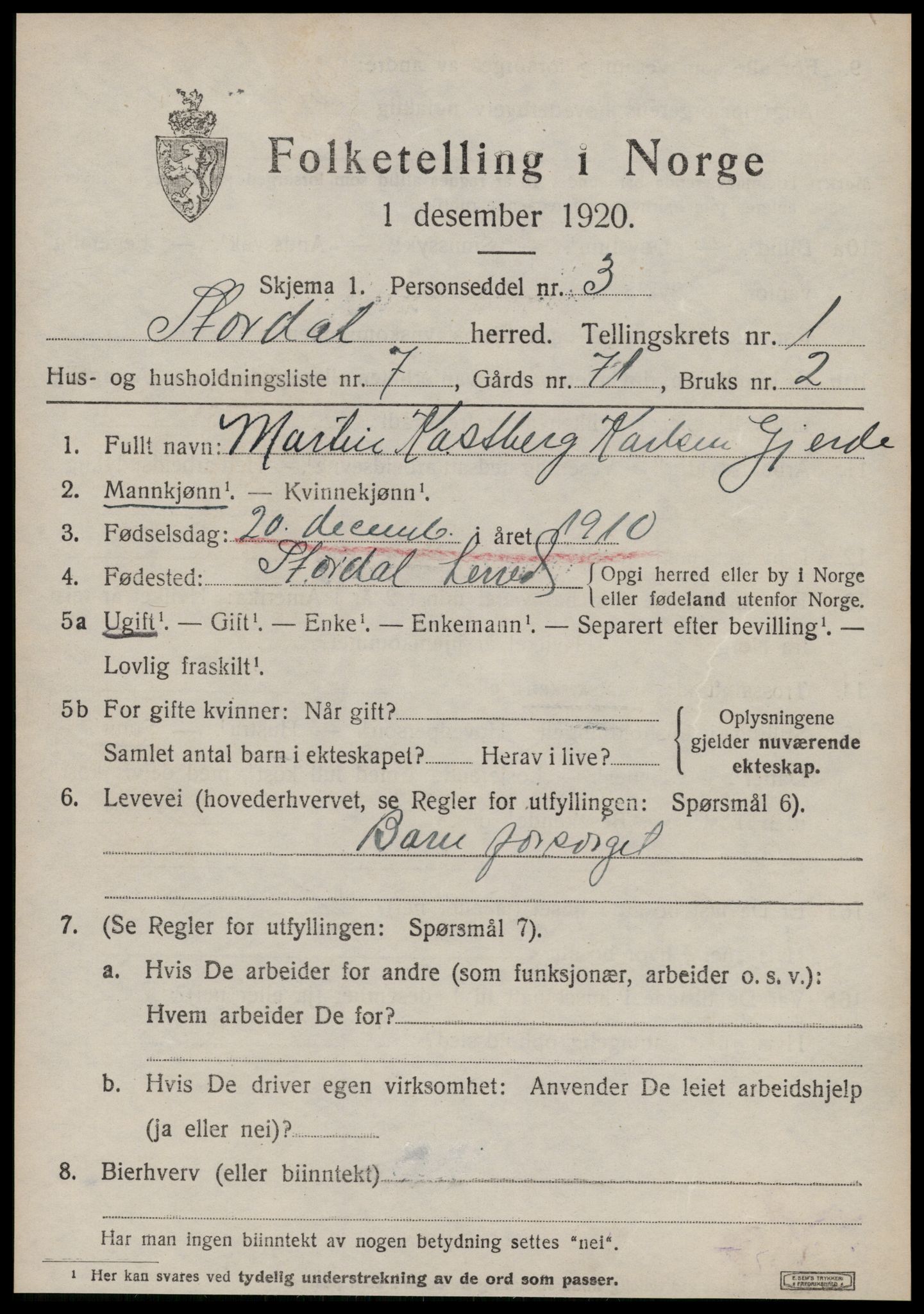 SAT, 1920 census for Stordal, 1920, p. 444