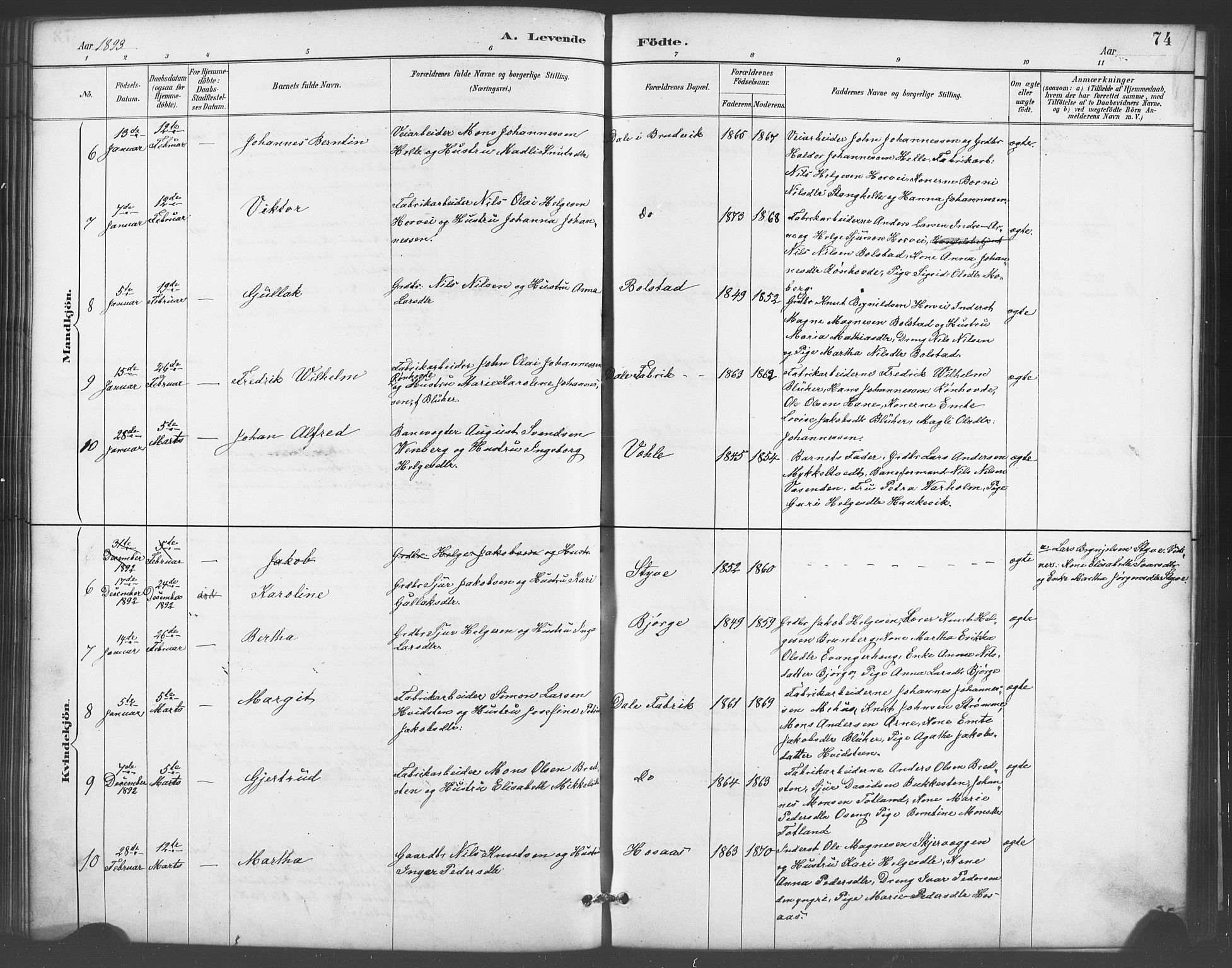 Evanger sokneprestembete, AV/SAB-A-99924: Parish register (copy) no. A 4, 1887-1897, p. 74