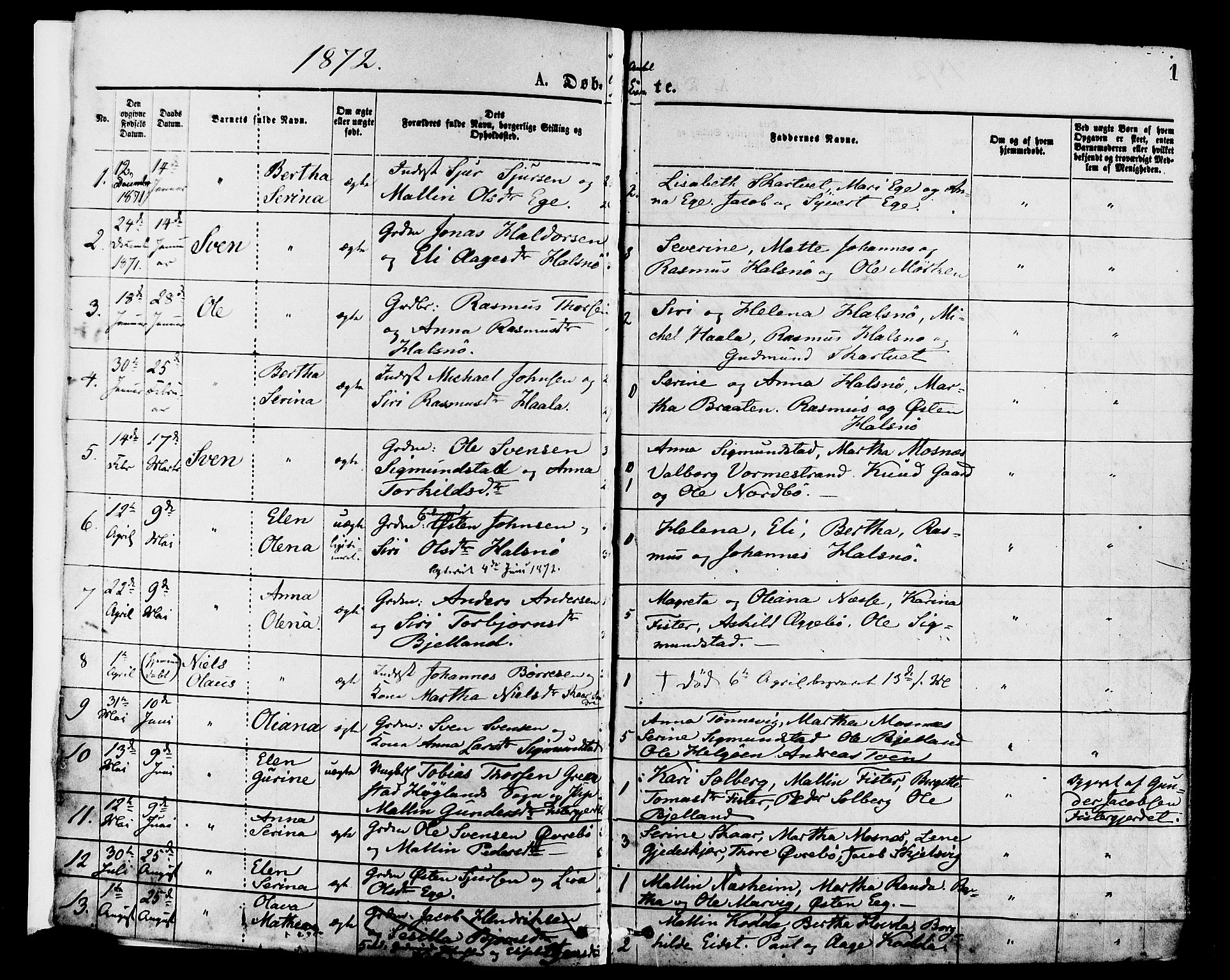 Hjelmeland sokneprestkontor, SAST/A-101843/01/IV/L0013: Parish register (official) no. A 13, 1872-1886, p. 1