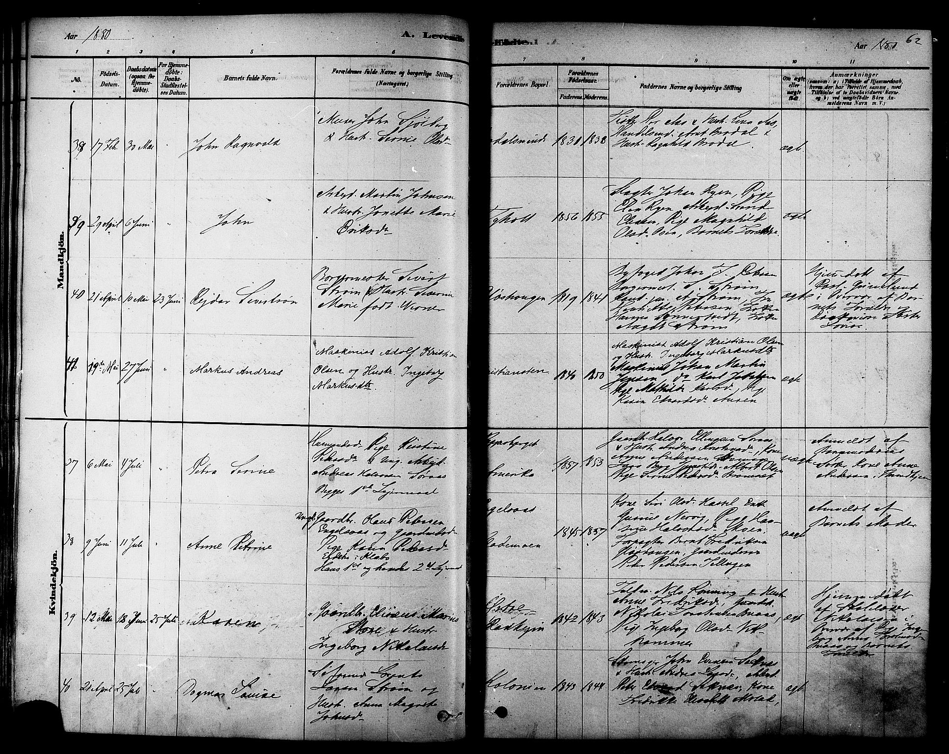 Ministerialprotokoller, klokkerbøker og fødselsregistre - Sør-Trøndelag, AV/SAT-A-1456/606/L0294: Parish register (official) no. 606A09, 1878-1886, p. 62