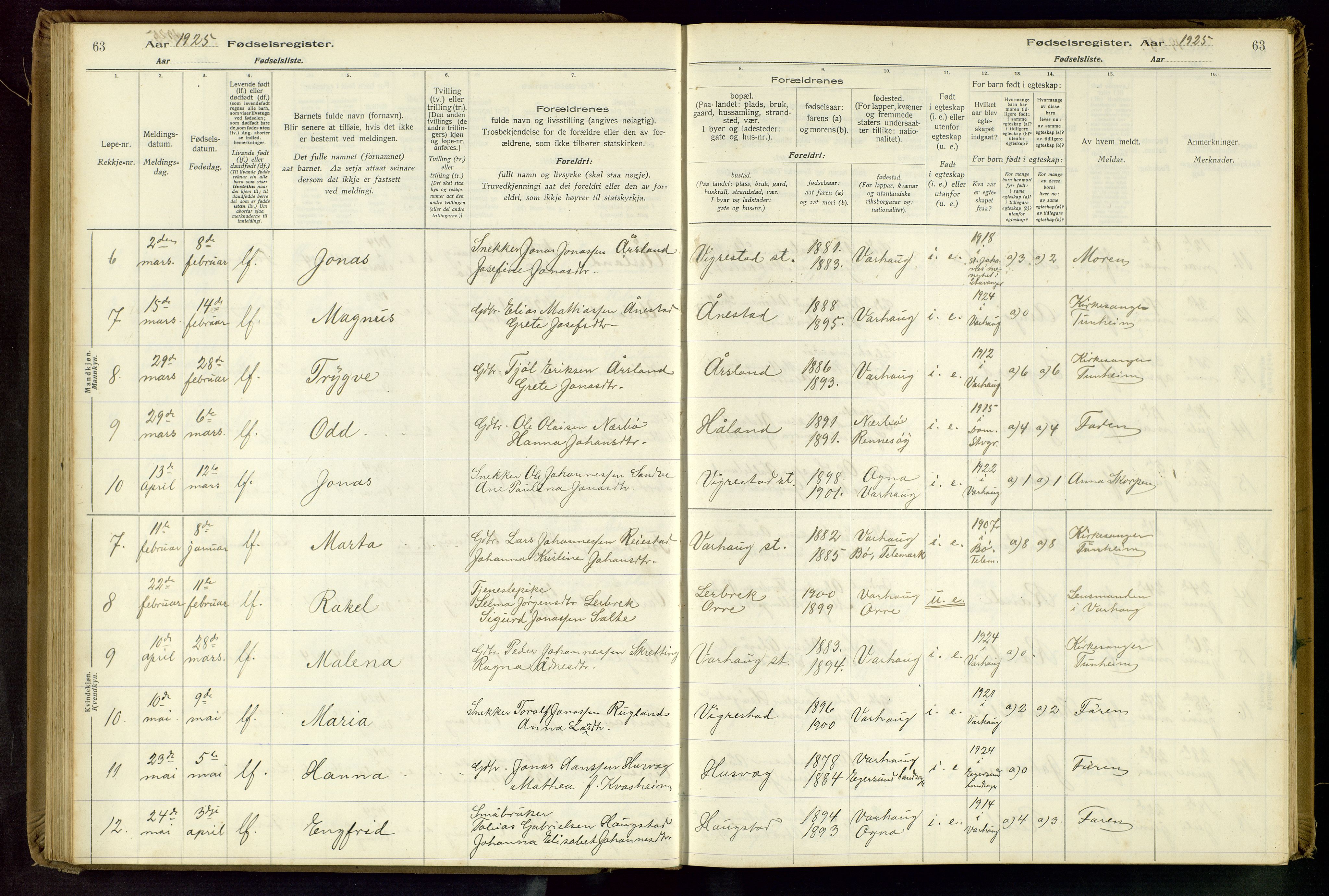 Hå sokneprestkontor, AV/SAST-A-101801/001/704BA/L0001: Birth register no. 1, 1916-1944, p. 63