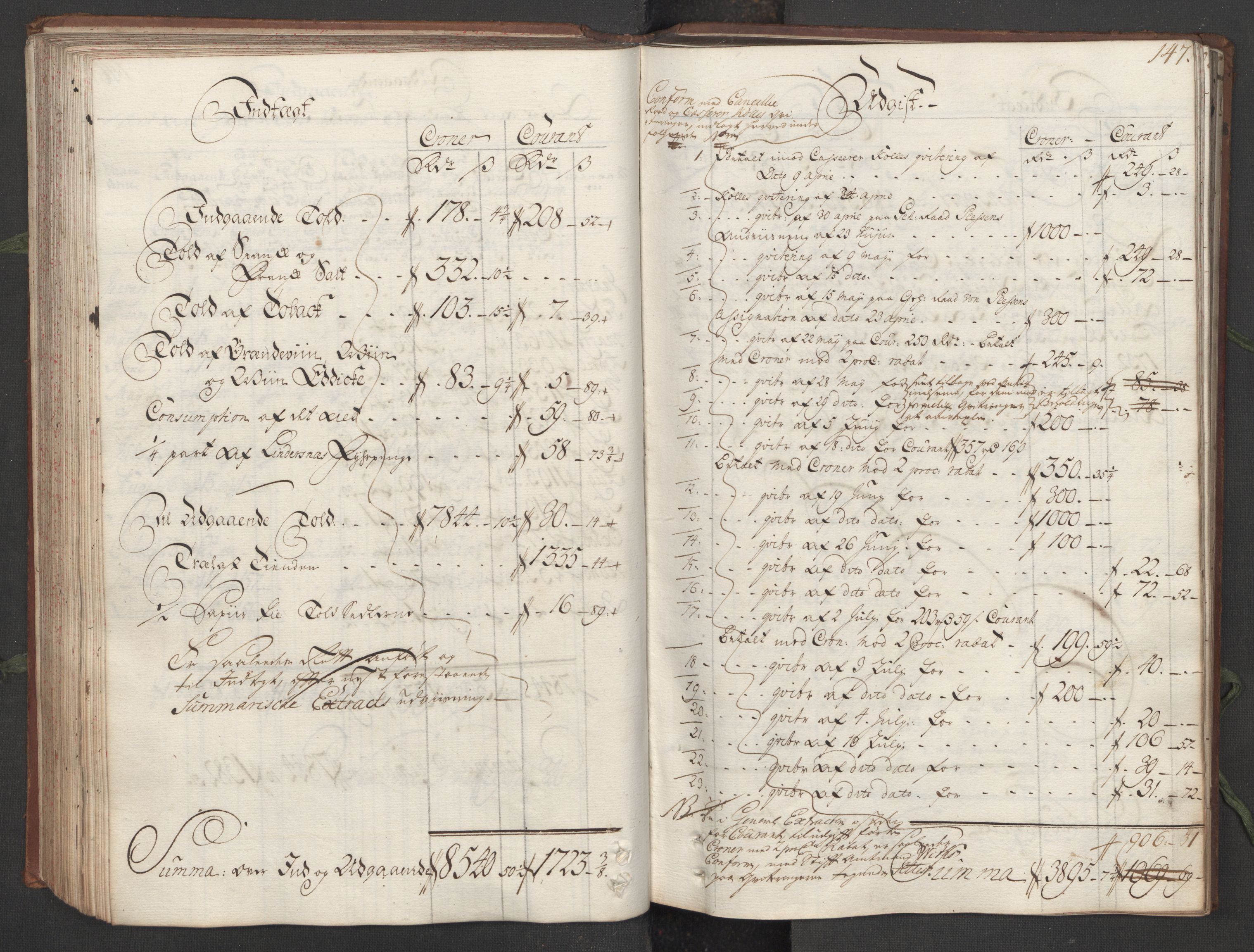 Generaltollkammeret, tollregnskaper, AV/RA-EA-5490/R16/L0013/0001: Tollregnskaper Kristiansand / Hovedtollbok, 1733, p. 146b-147a