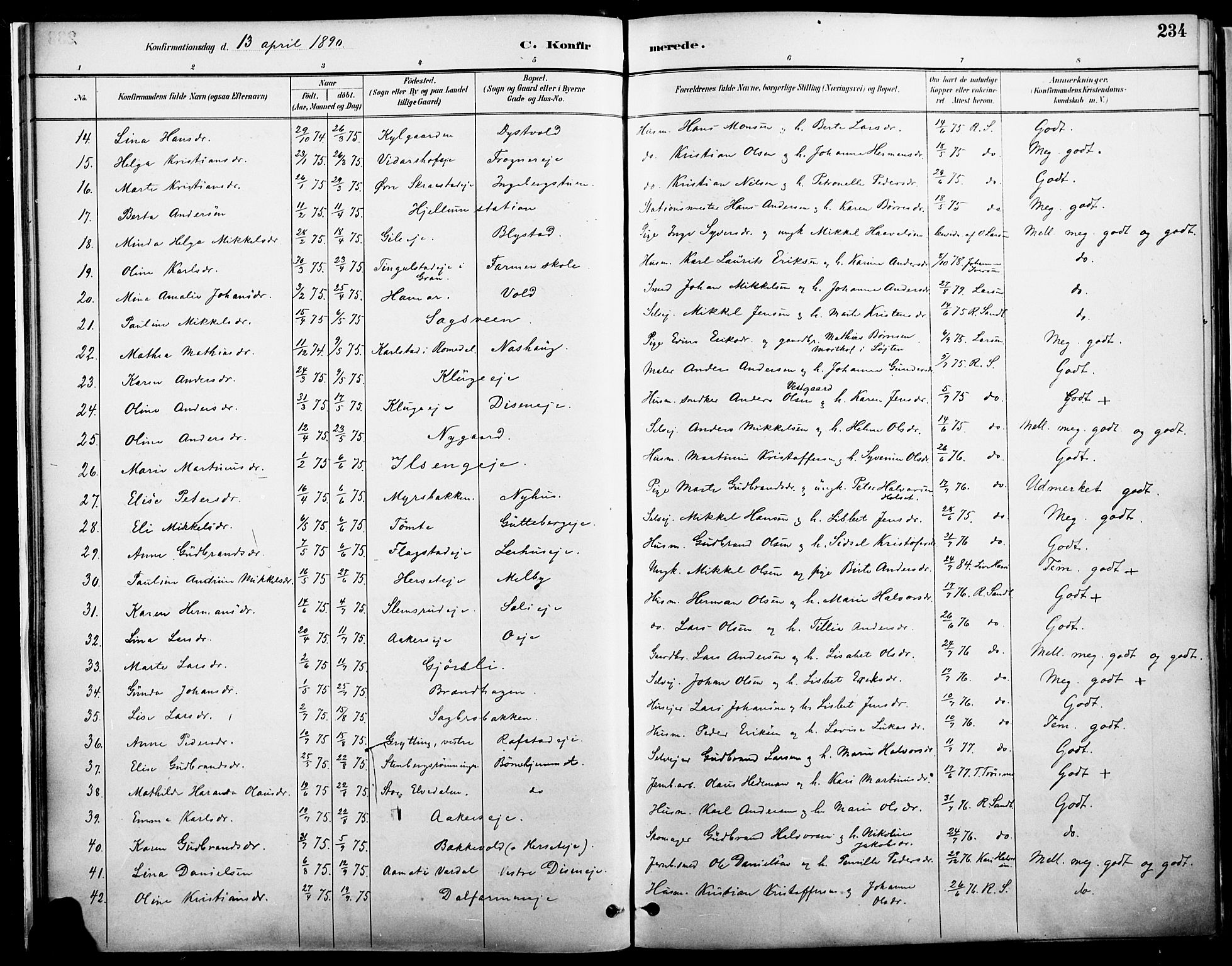 Vang prestekontor, Hedmark, SAH/PREST-008/H/Ha/Haa/L0019A: Parish register (official) no. 19, 1886-1900, p. 234