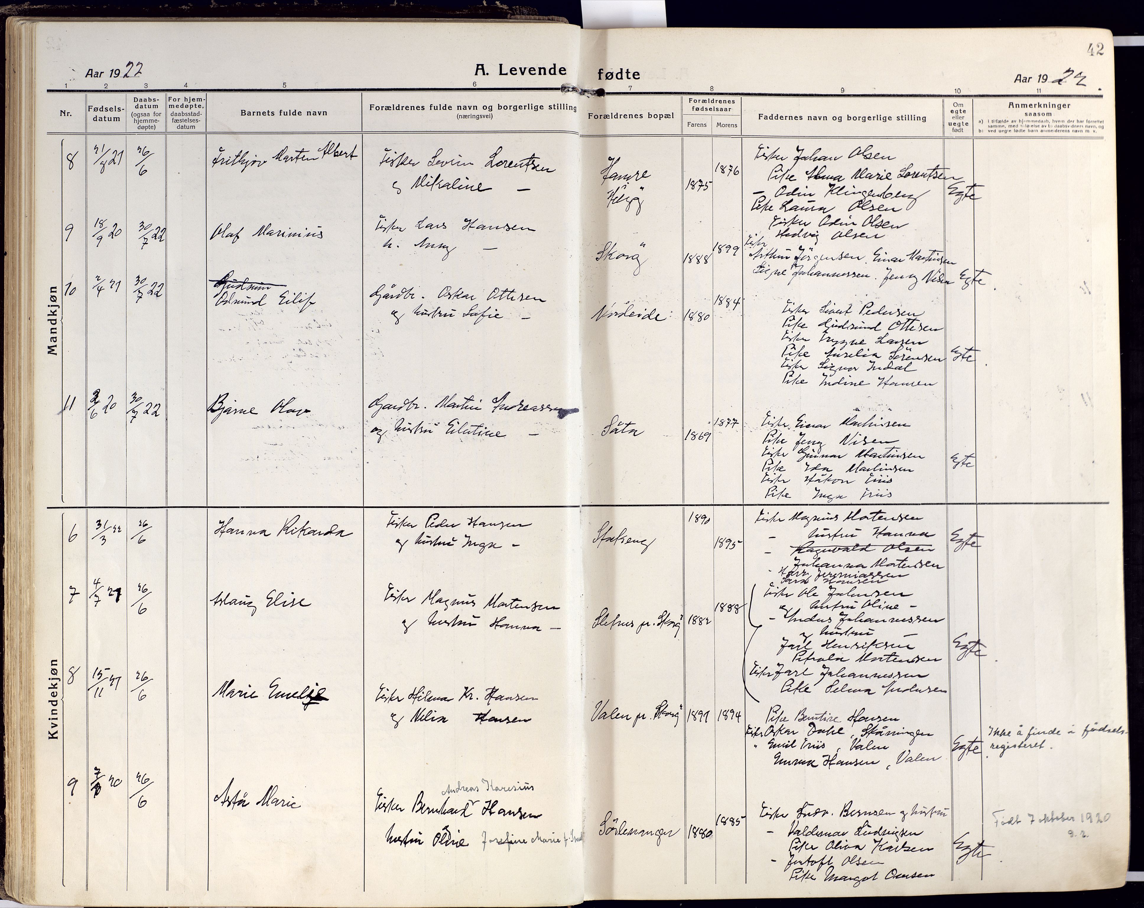 Karlsøy sokneprestembete, AV/SATØ-S-1299/H/Ha/Haa/L0015kirke: Parish register (official) no. 15, 1918-1929, p. 42