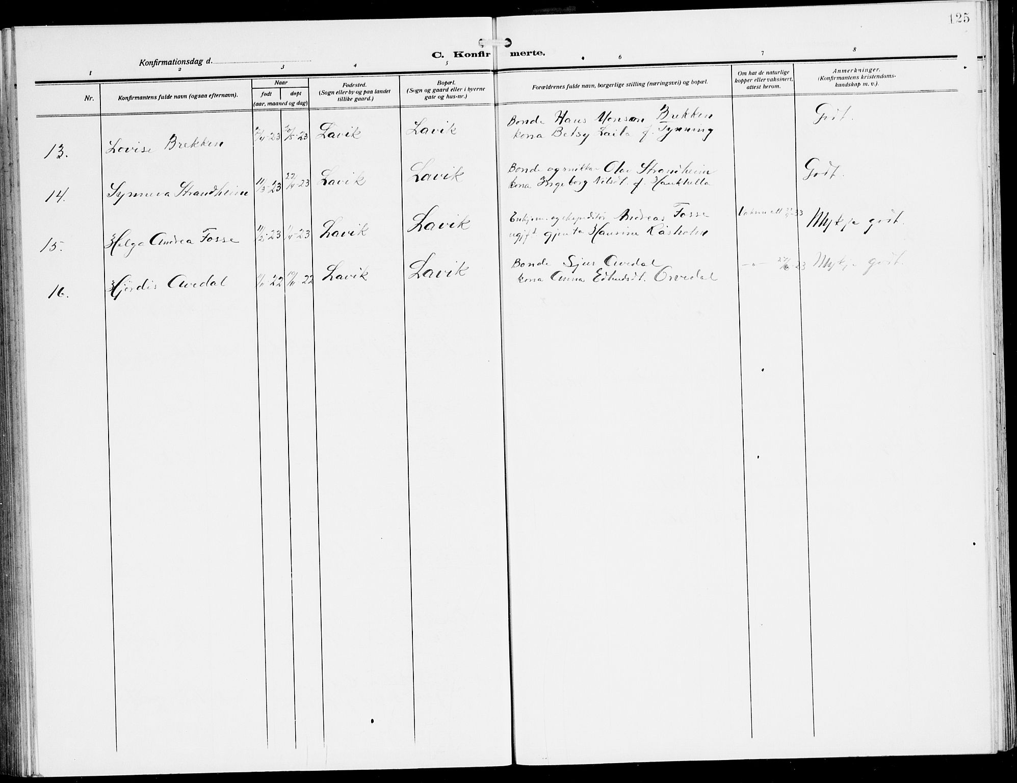 Lavik sokneprestembete, SAB/A-80901: Parish register (copy) no. A 3, 1911-1942, p. 125