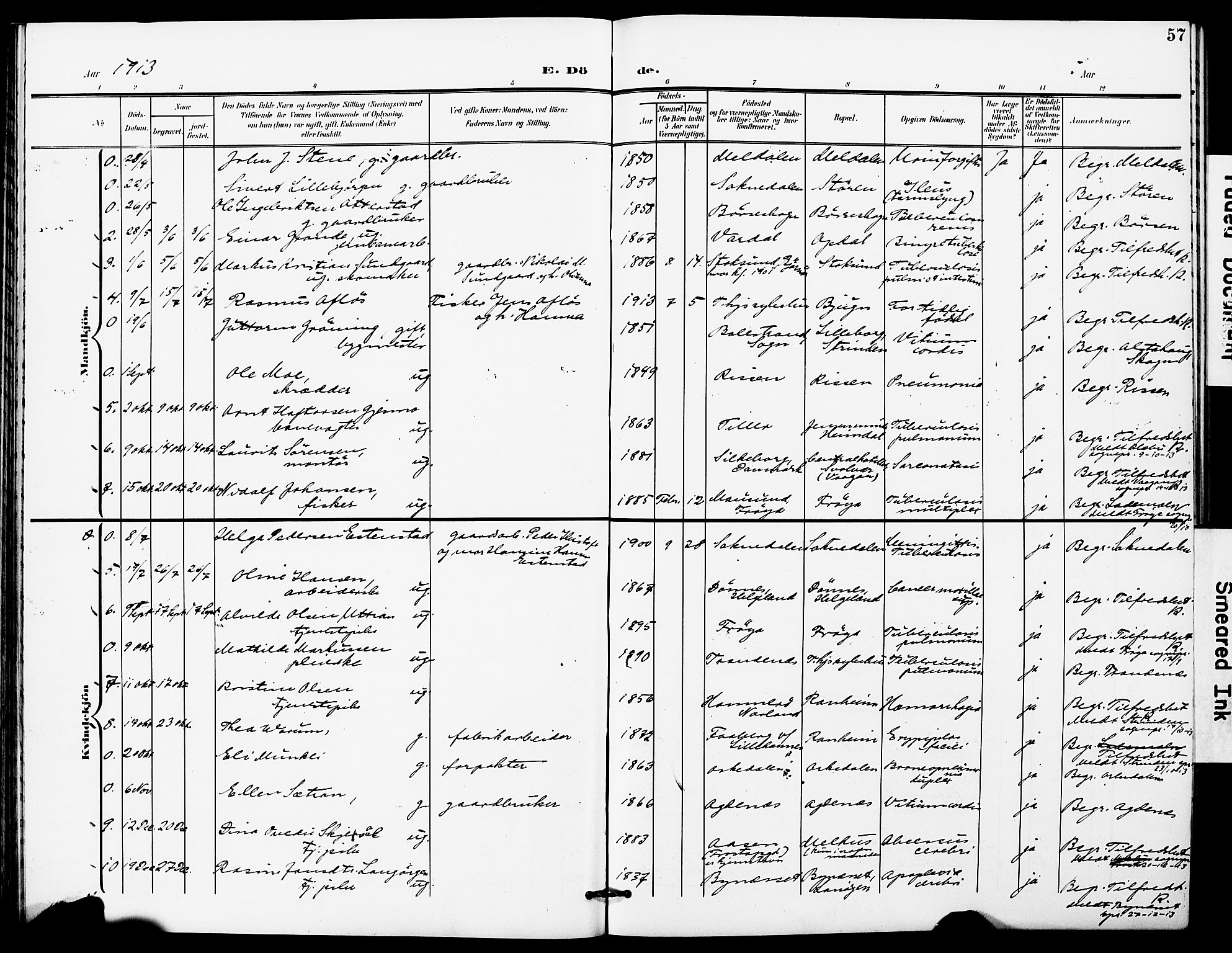 Ministerialprotokoller, klokkerbøker og fødselsregistre - Sør-Trøndelag, SAT/A-1456/628/L0483: Parish register (official) no. 628A01, 1902-1920, p. 57