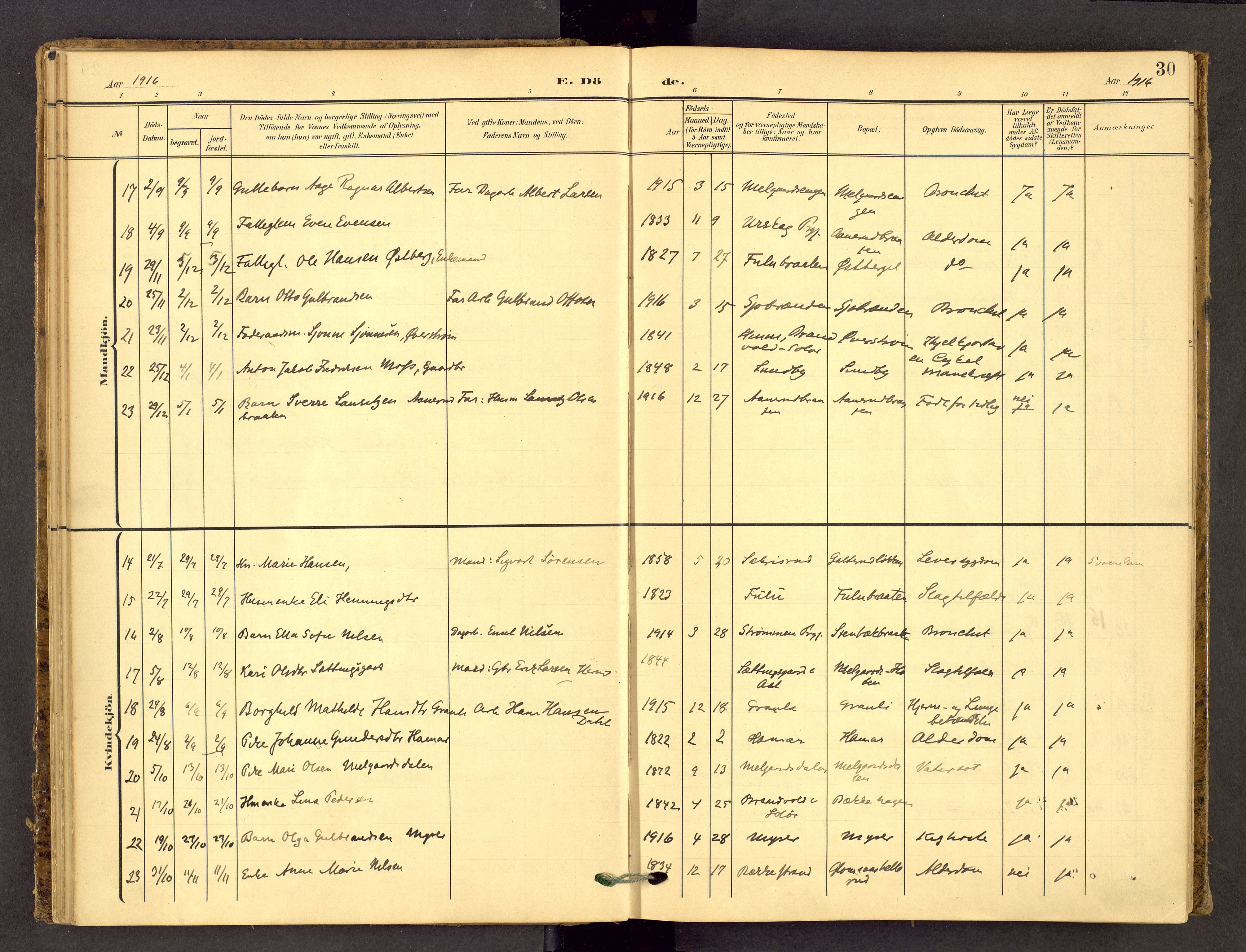 Sør-Odal prestekontor, AV/SAH-PREST-030/H/Ha/Haa/L0010: Parish register (official) no. 10, 1907-1968, p. 30