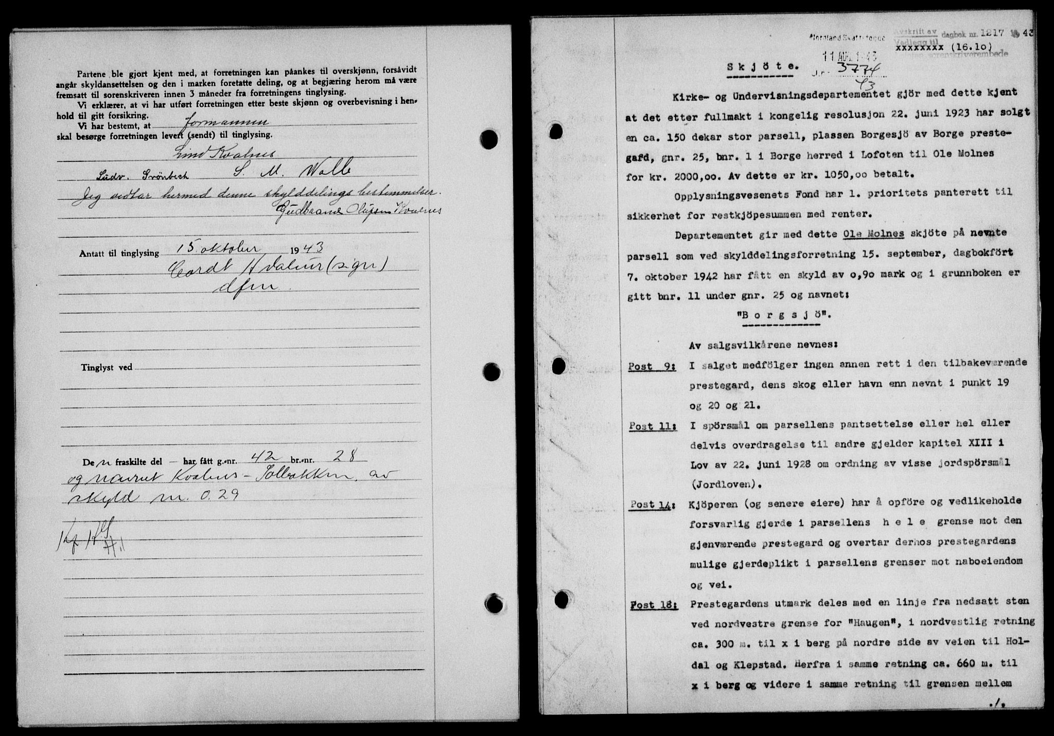 Lofoten sorenskriveri, SAT/A-0017/1/2/2C/L0011a: Mortgage book no. 11a, 1943-1943, Diary no: : 1217/1943