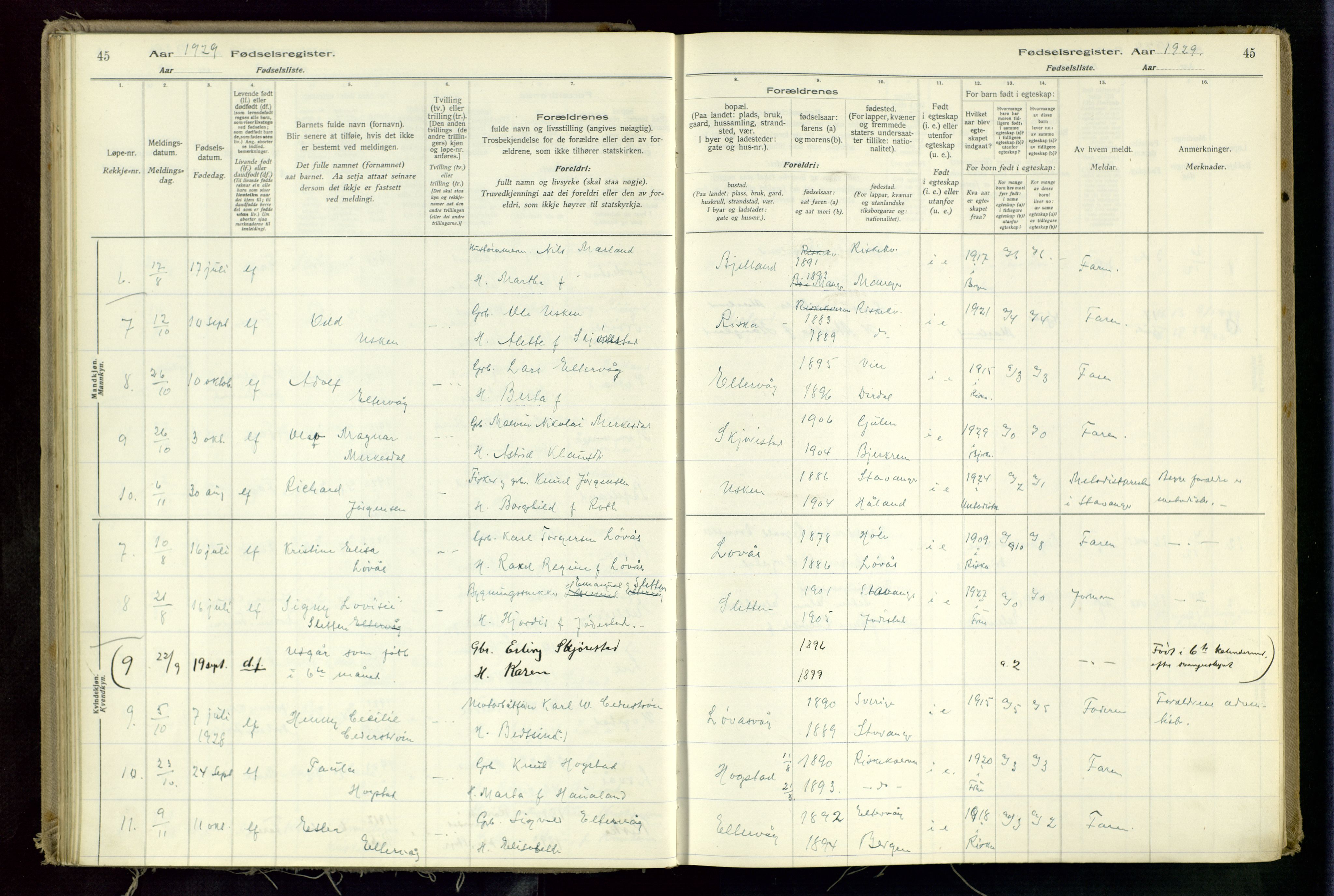 Hetland sokneprestkontor, AV/SAST-A-101826/70/704BA/L0002: Birth register no. 2, 1916-1968, p. 45