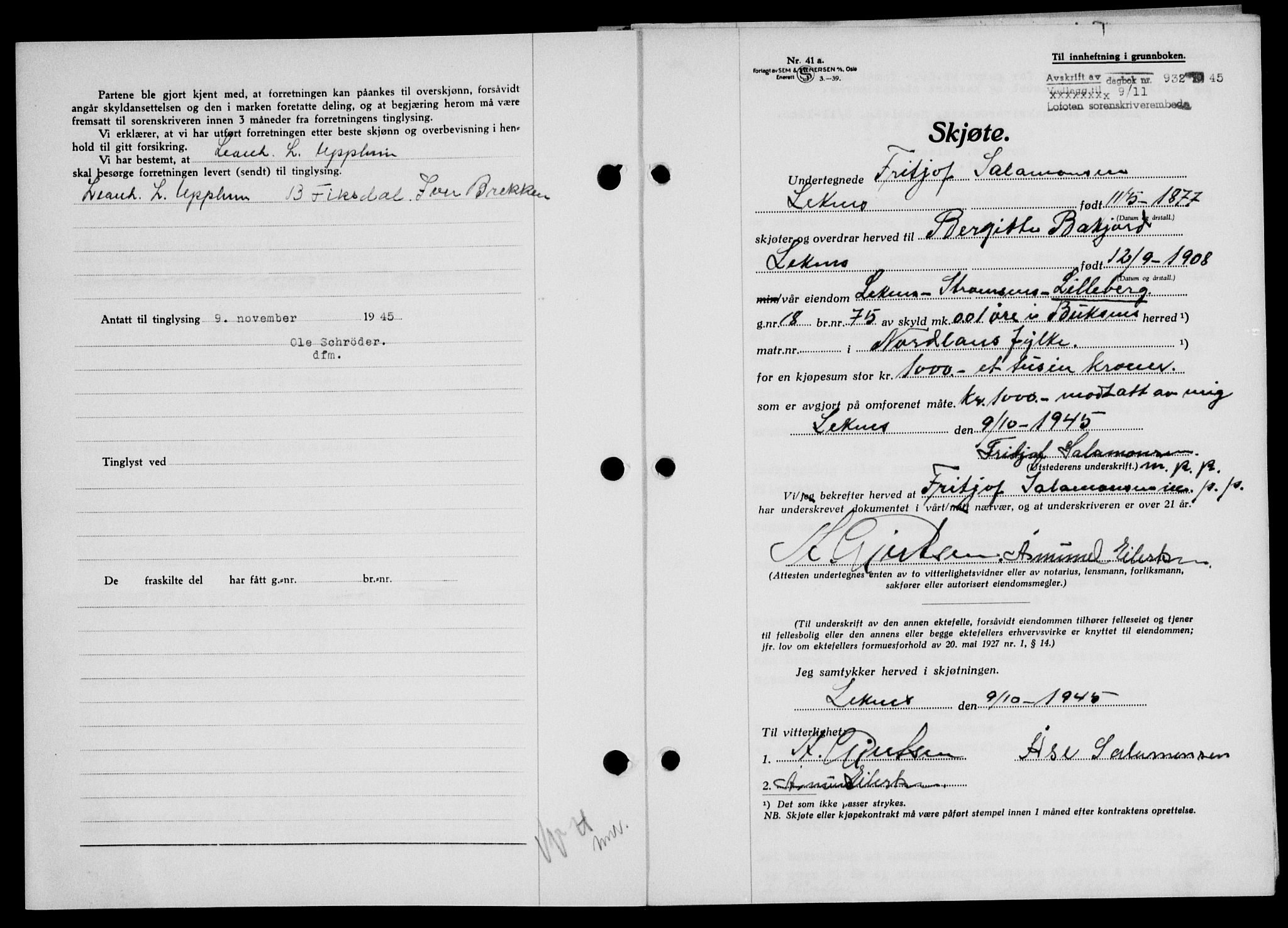 Lofoten sorenskriveri, SAT/A-0017/1/2/2C/L0013a: Mortgage book no. 13a, 1944-1946, Diary no: : 932/1945