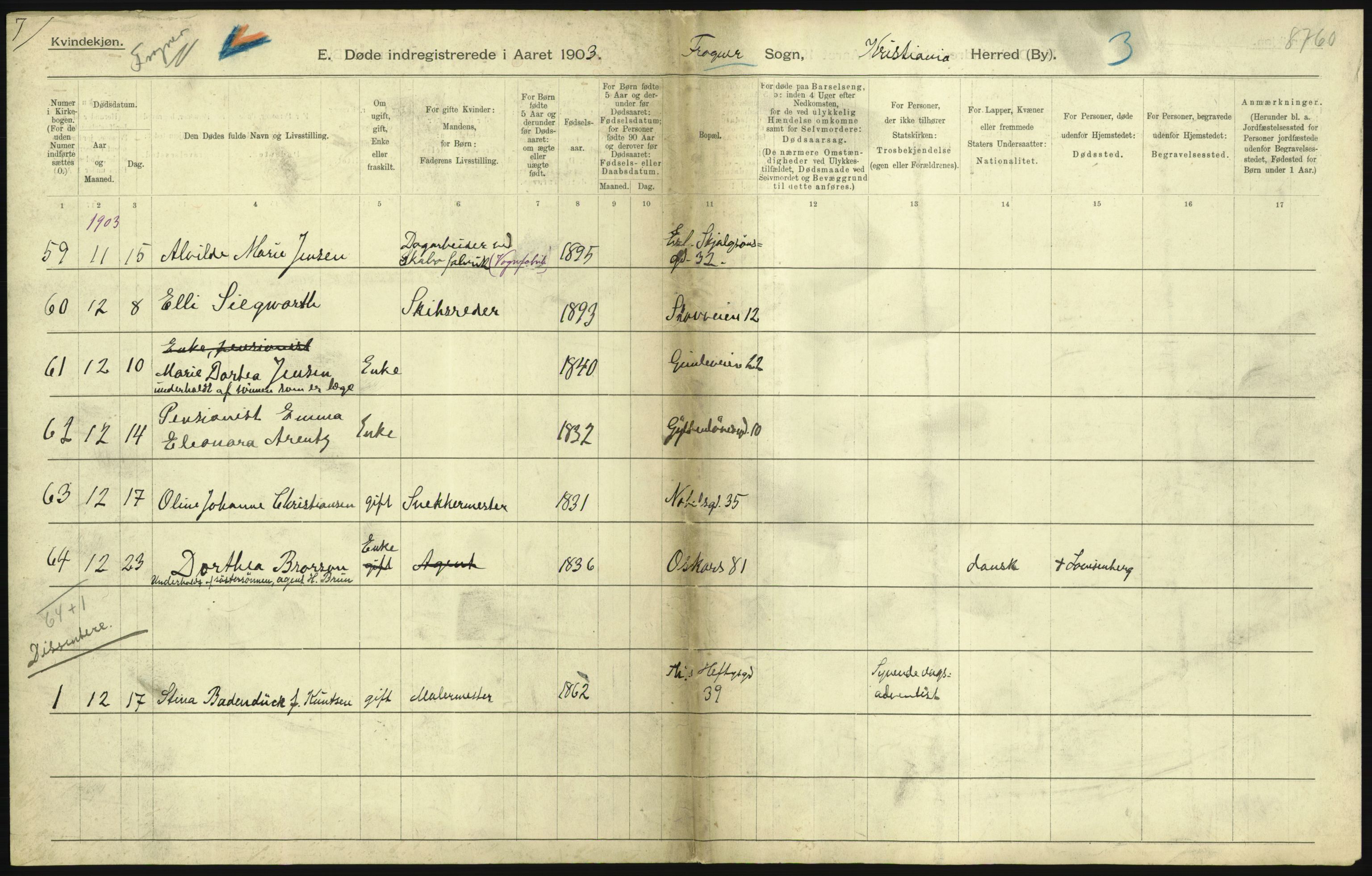 Statistisk sentralbyrå, Sosiodemografiske emner, Befolkning, AV/RA-S-2228/D/Df/Dfa/Dfaa/L0004: Kristiania: Gifte, døde, 1903, p. 197