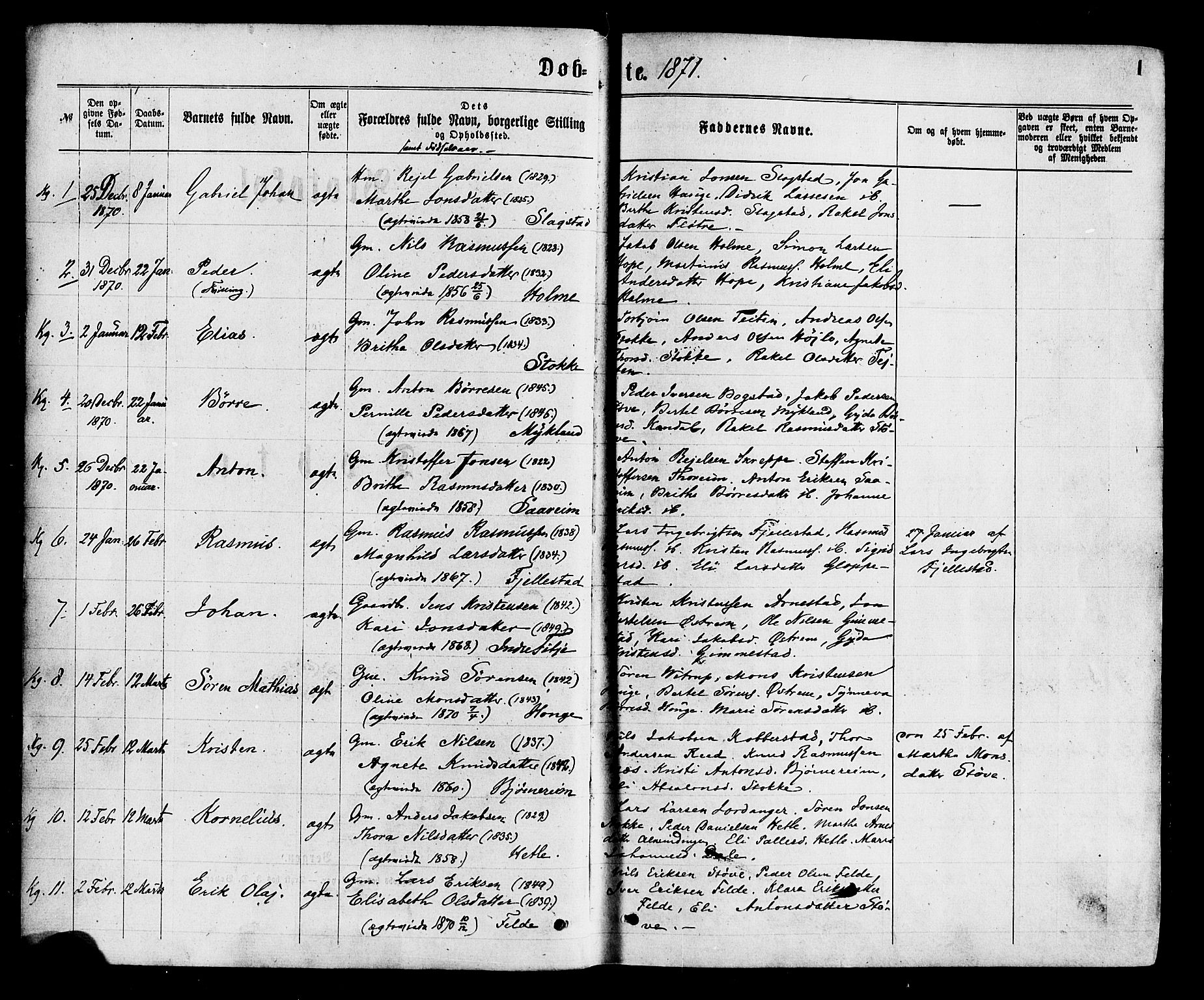 Gloppen sokneprestembete, AV/SAB-A-80101/H/Haa/Haaa/L0010: Parish register (official) no. A 10, 1871-1884, p. 1