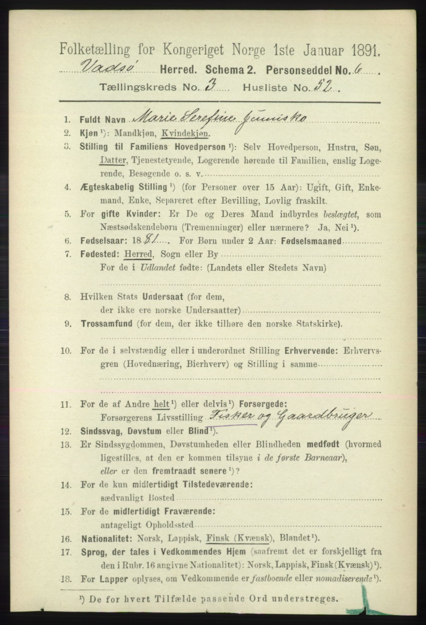 RA, 1891 census for 2029 Vadsø, 1891, p. 1139