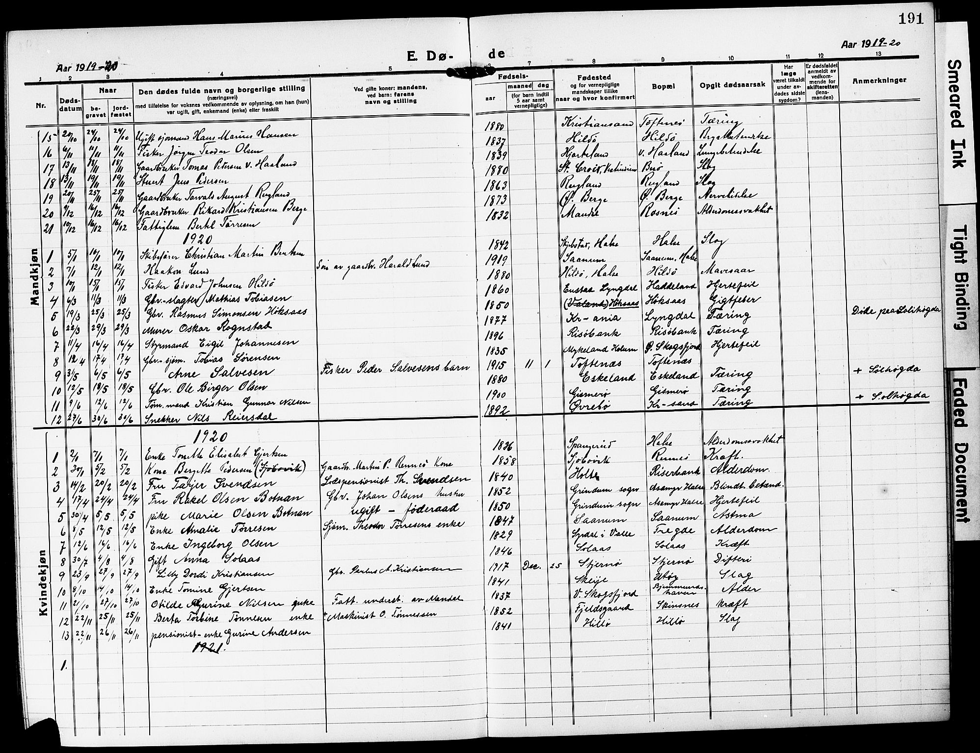 Mandal sokneprestkontor, SAK/1111-0030/F/Fb/Fba/L0013: Parish register (copy) no. B 7, 1918-1931, p. 191