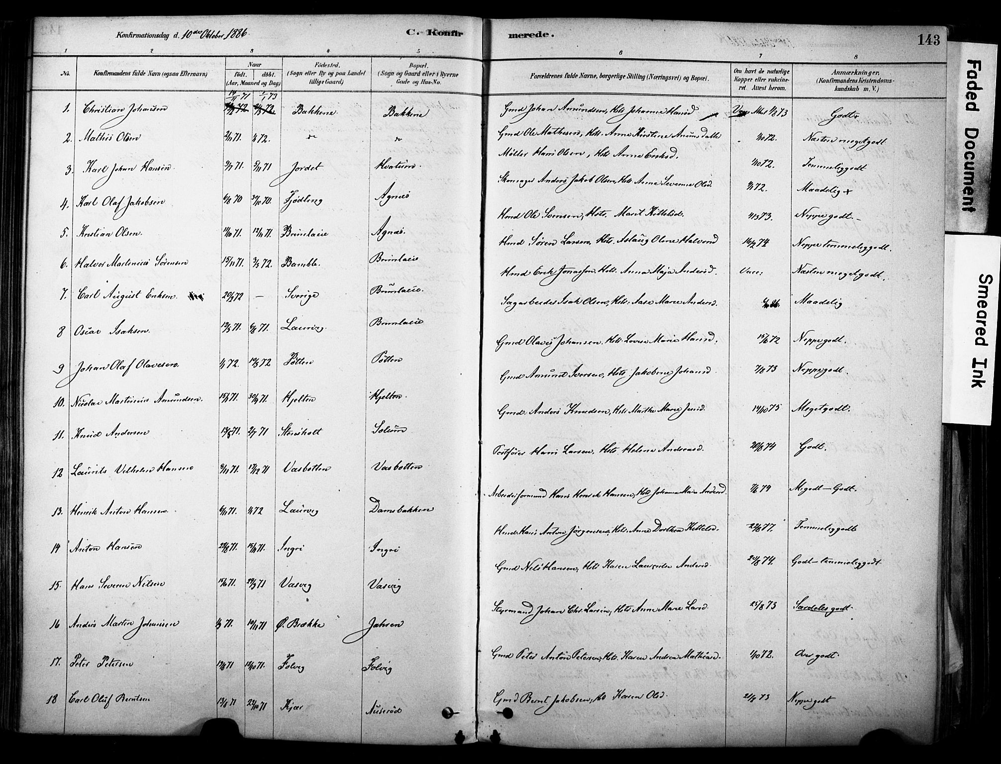 Brunlanes kirkebøker, SAKO/A-342/F/Fc/L0001: Parish register (official) no. III 1, 1878-1899, p. 143