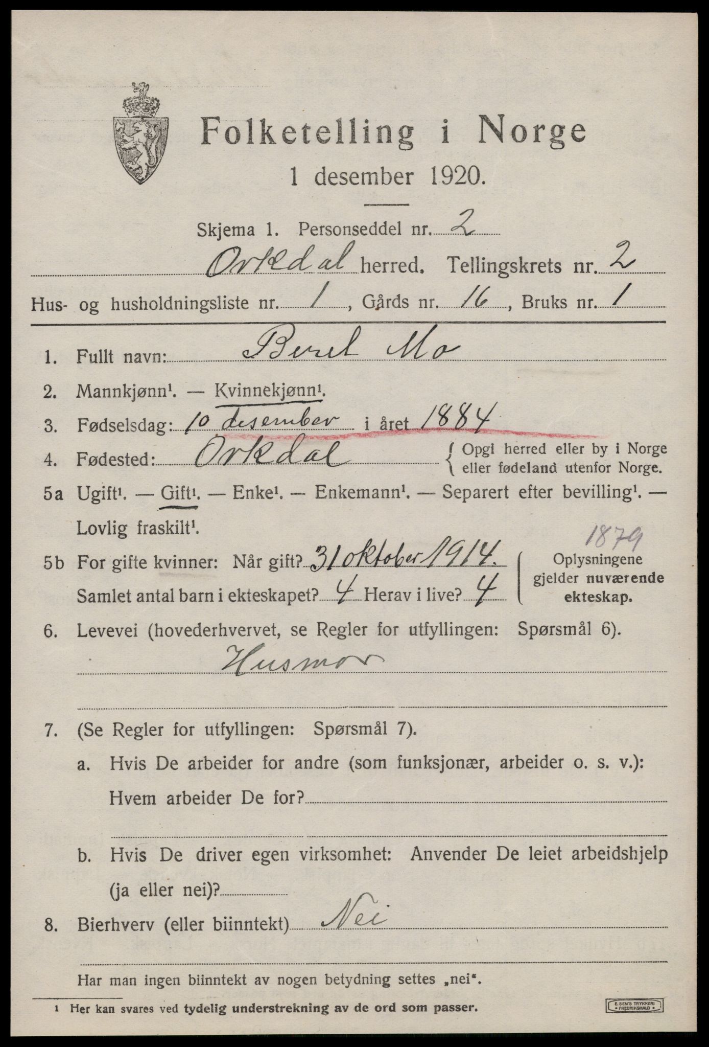 SAT, 1920 census for Orkdal, 1920, p. 2064