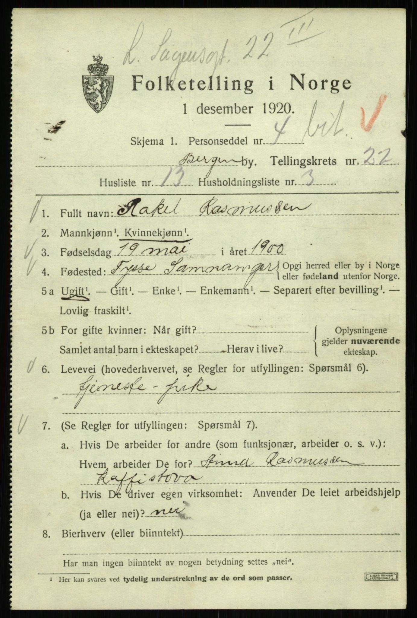 SAB, 1920 census for Bergen, 1920, p. 86537